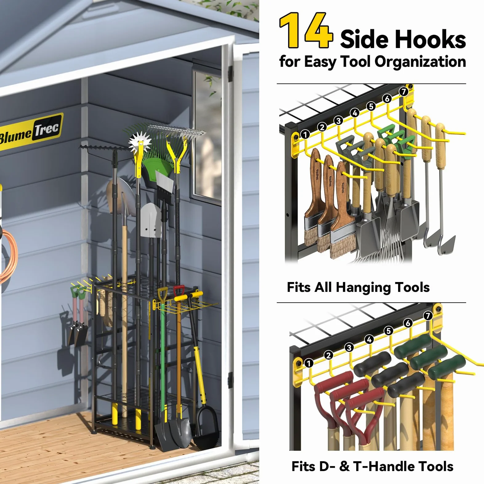 Organiseur d'outils de jardin, jusqu'à 48 outils à long manche, rangement et organisation de garage avec crochet latéral pour balai/râteau/pelle/outil à poignée en T, porte-outils