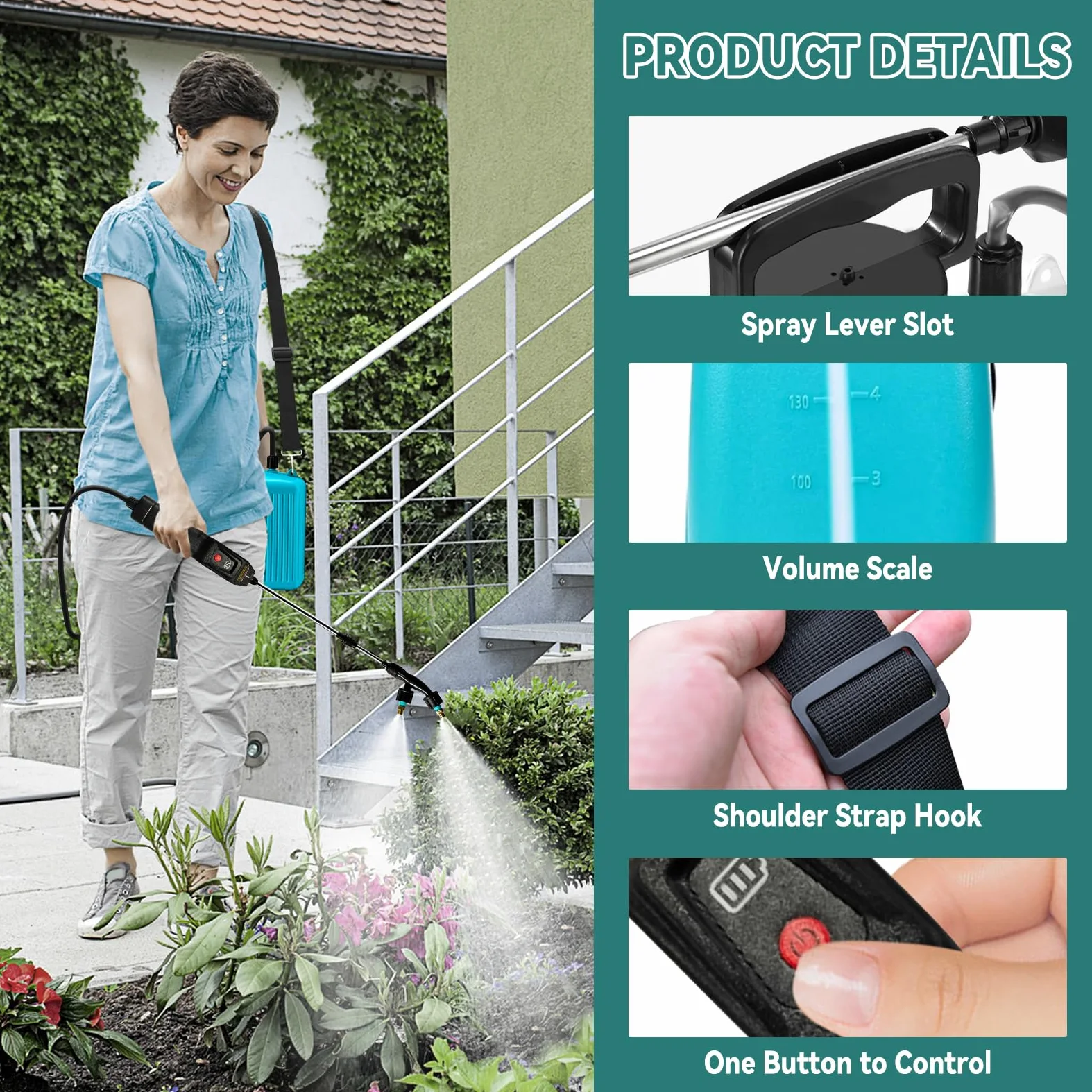 Pulvérisateur de jardin électrique à piles 10 L avec poignée rechargeable USB 4000 mAh avec 4 buses