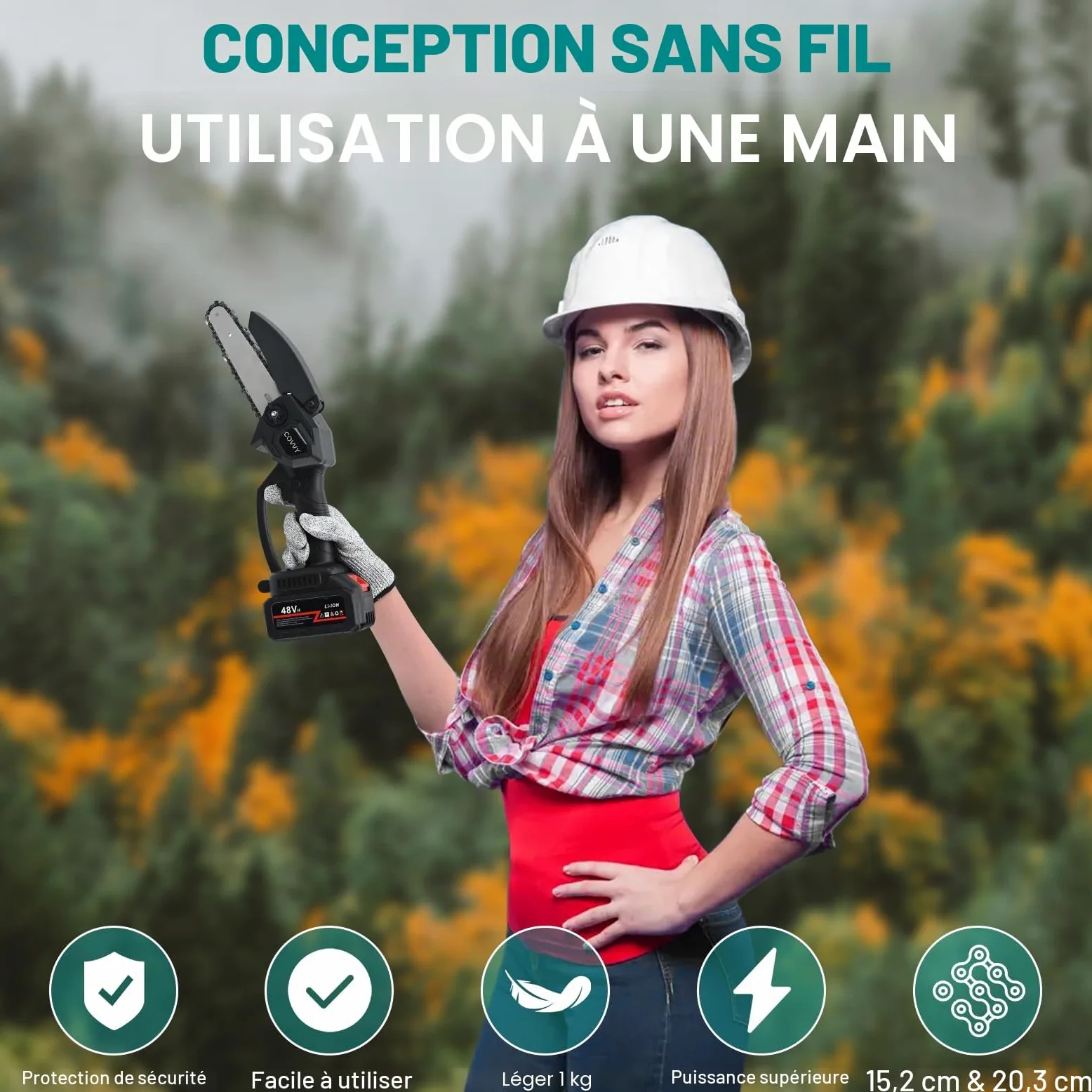 Mini Tronçonneuse à Batterie 8 et 6 Pouces, 6000mAh Tronçonneuse à Batterie, électrique portative sans fil à une main équipée, pour couper le bois, l'élagage des ja | 2 piles, 4 chaînes, lunettes et tournevis inclus, gants anti-coupure inclus, pour coupe