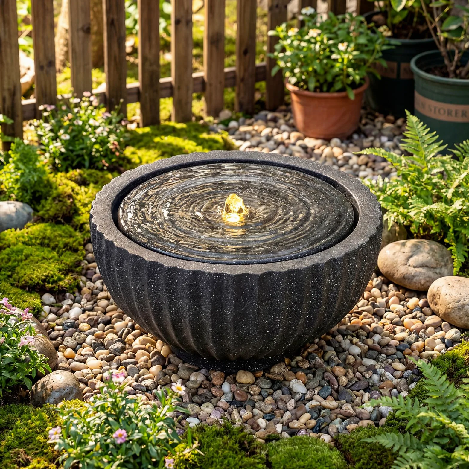 COSTWAY Fontaine Solaire d'Extérieur, Fontaine de Jardin Décorative avec 6 LED, Cascade Décoration en Forme de Bol Aspect Pierre en Résine Fibre de Verre pour Terrasse/Balcon, 45 x 45 x 23,5 cm