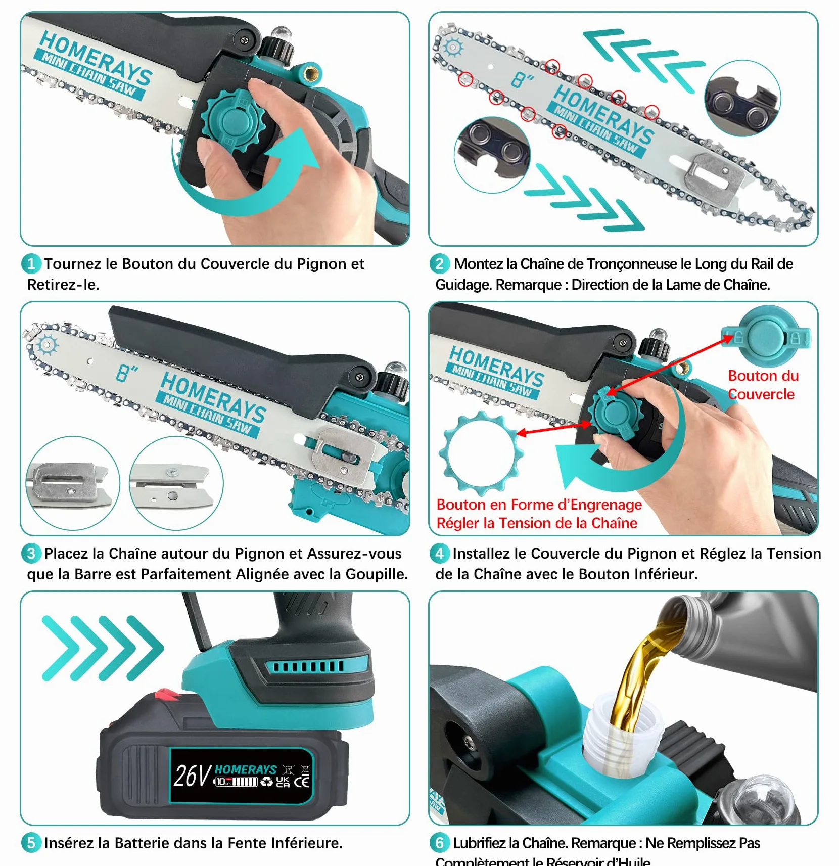 Mini Tronçonneuse a Batterie 8000mAh, 8 & 6 Pouces Lubrificateur Automatique et Électrique Tronçonneuse 2 * 4000mAh Brushless Elagueur, Pour La Coupe Du Bois, Branches, L'élagage, La Cour, Jardin