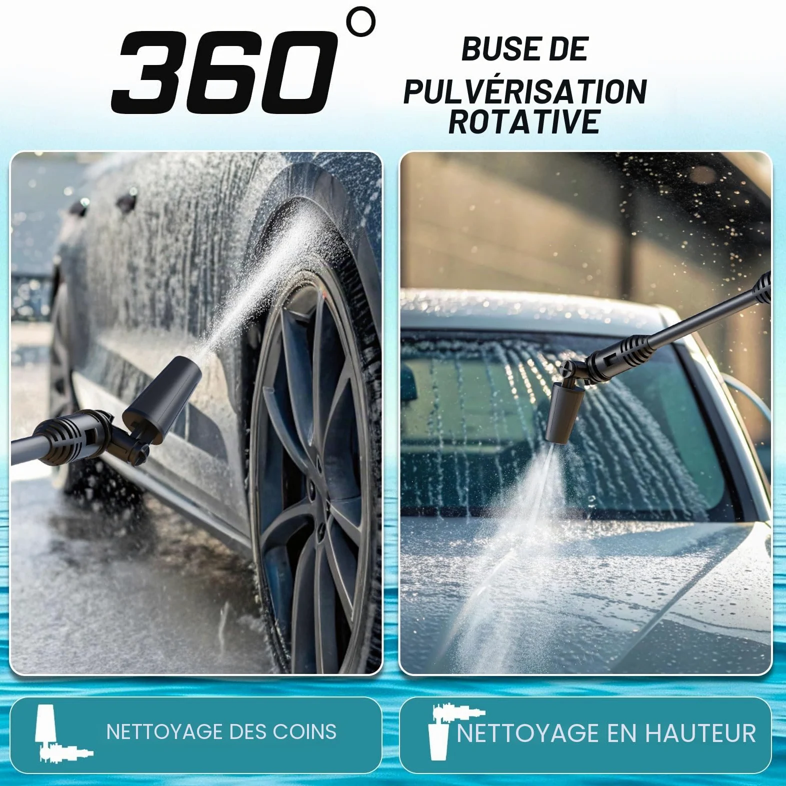 Nettoyeur Haute Pression sans Fil, Moteur sans Balais 3000 W, Mode 3 Vitesses, Maximum 100 Bar, Batterie De avec 2 Batteries 4,0 Ah, Buse Rotative 5 en 1, pour La Voiture Et La Maison