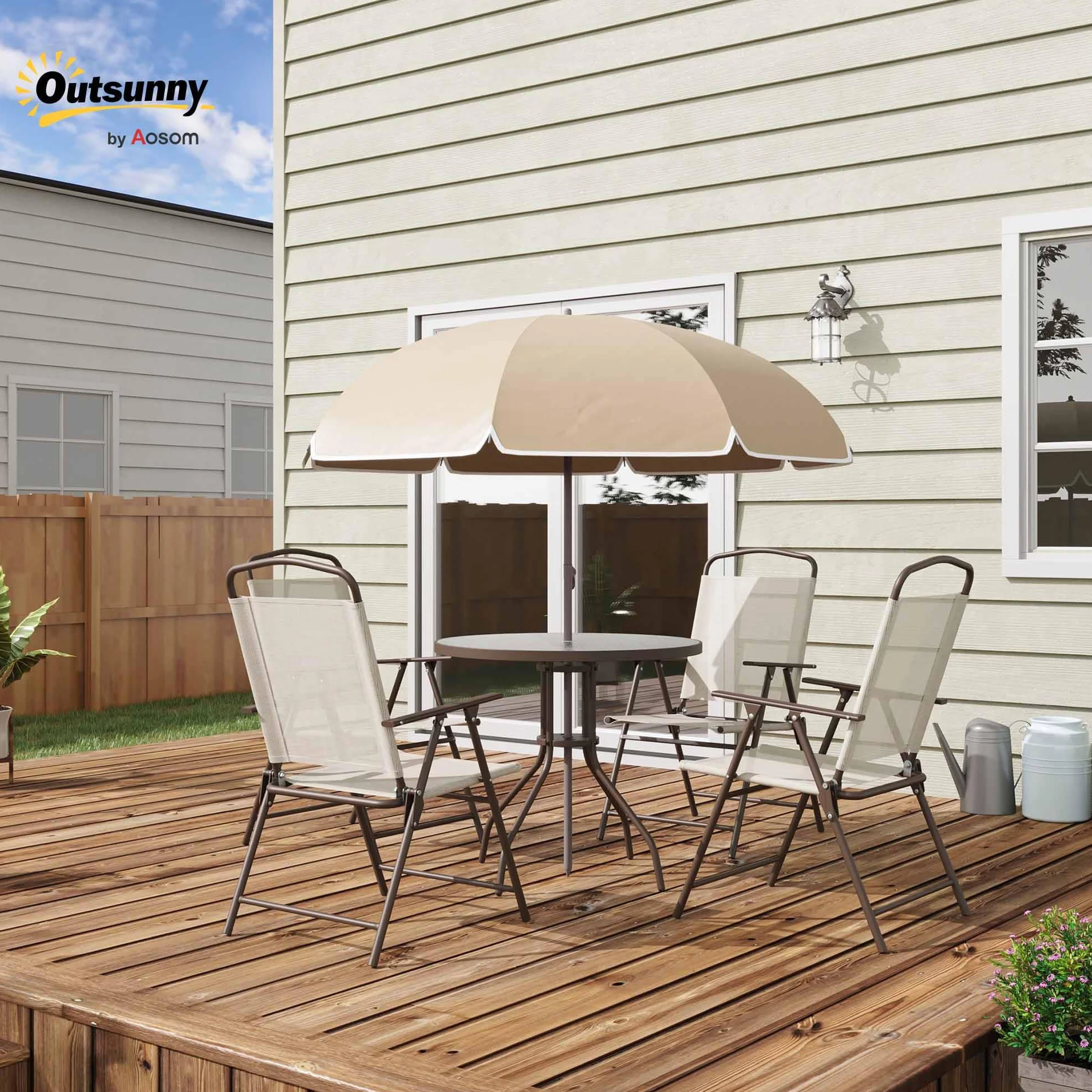 Outsunny Salon de Jardin 6 pièces Table Ronde Chaises Pliables Parasol Acier époxy Polyester Beige