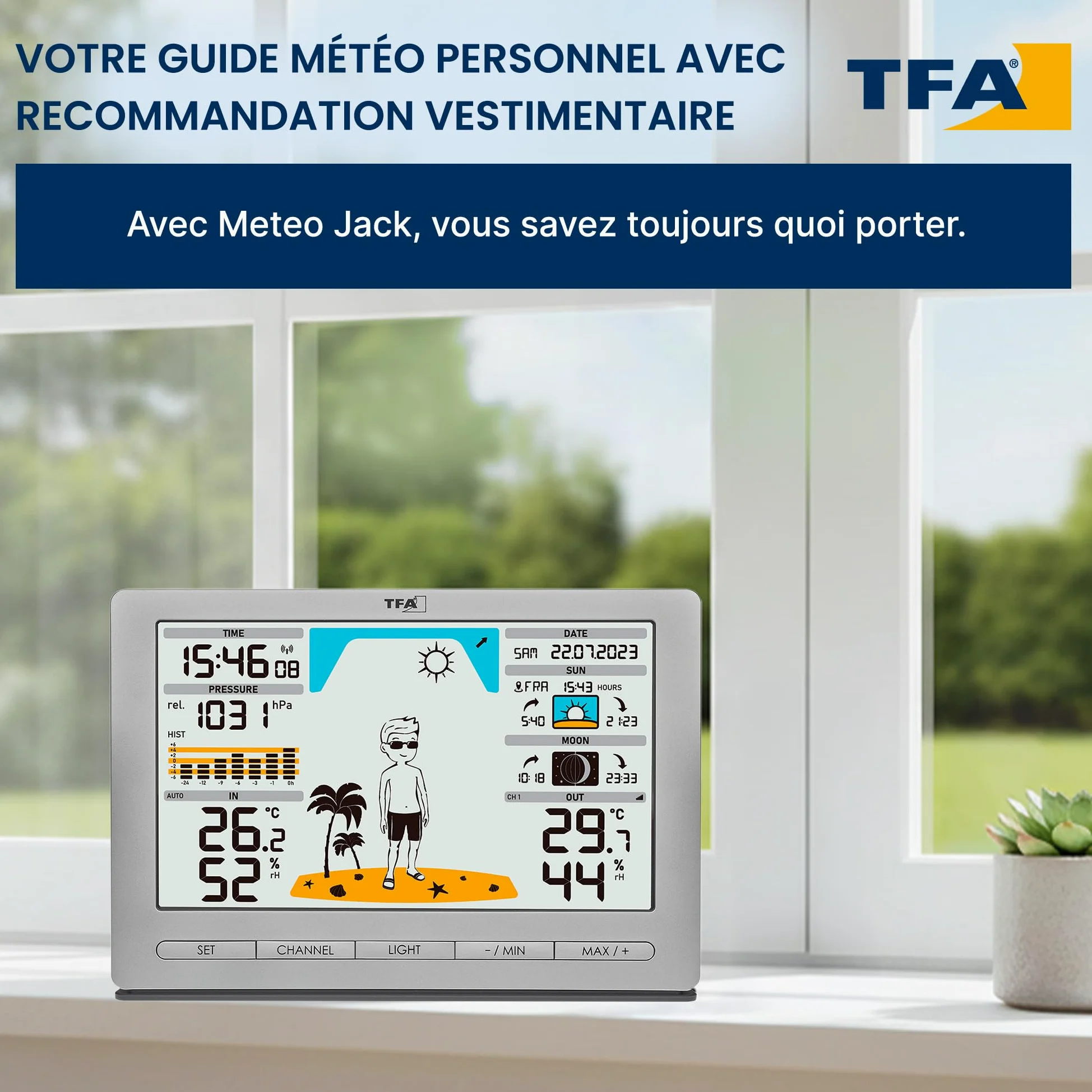 TFA Dostmann station météo sans fil METEO JACK, 35.1097.54, avec capteur extérieur, prévisions météo, pression, phase de lune, lever & coucher du soleil, argenté
