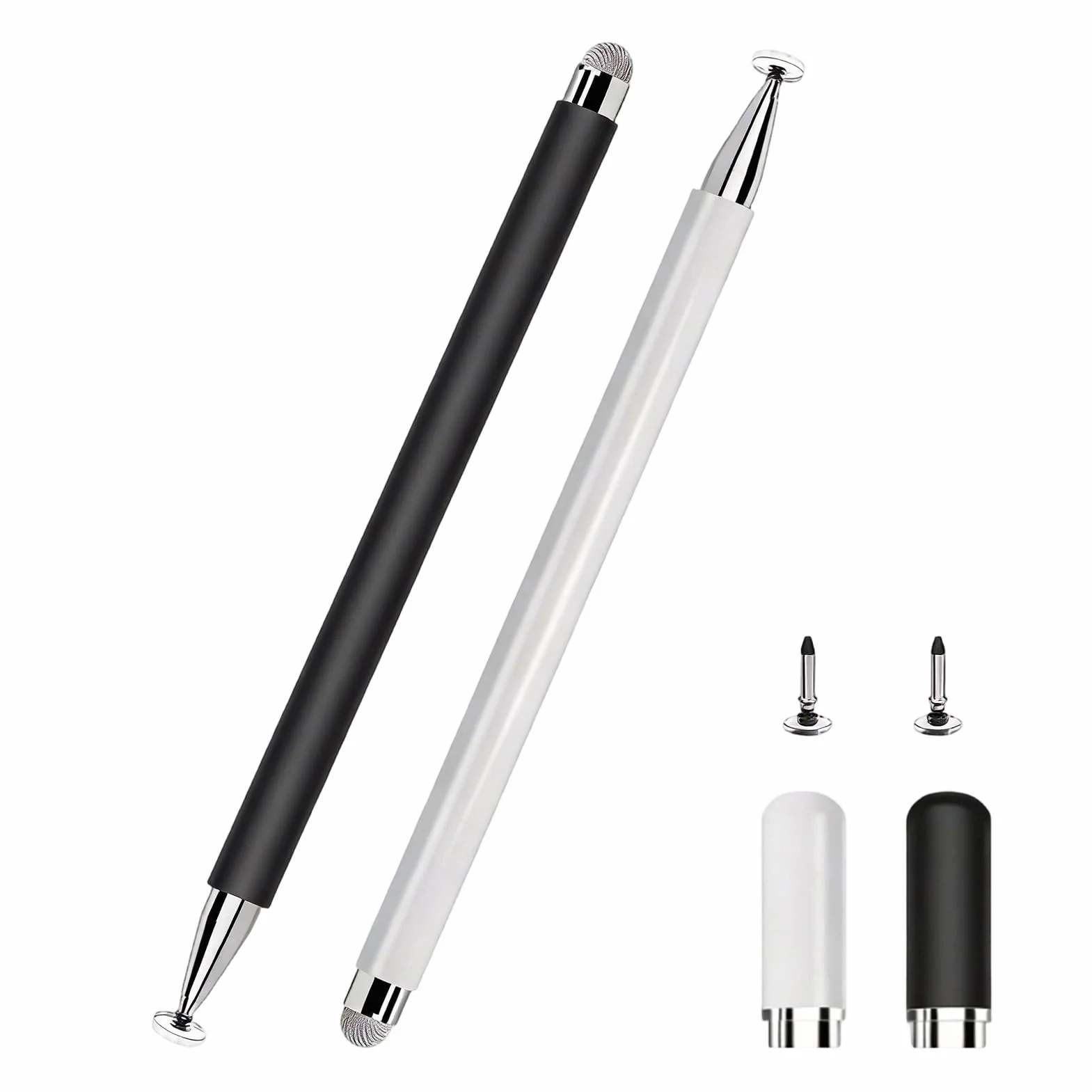 Lot de 2 stylets universels 2 en 1 pour tablette écran tactile, compatible iPad, Samsung, Huawei, blanc/noir