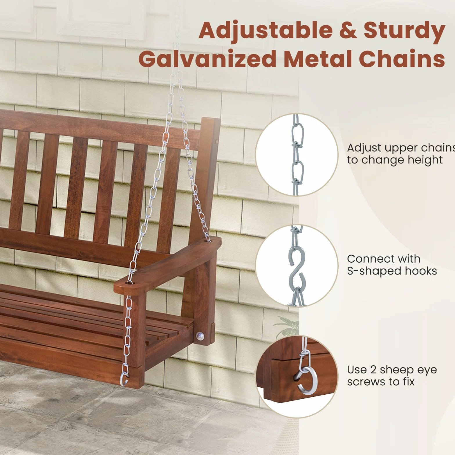 KOMFOTTEU Banc Suspendu 2-3 Places Balançoire Jardin Bois Massif Fauteuil Suspendu Charge 230/360 kg 168x65x63 cm Marron