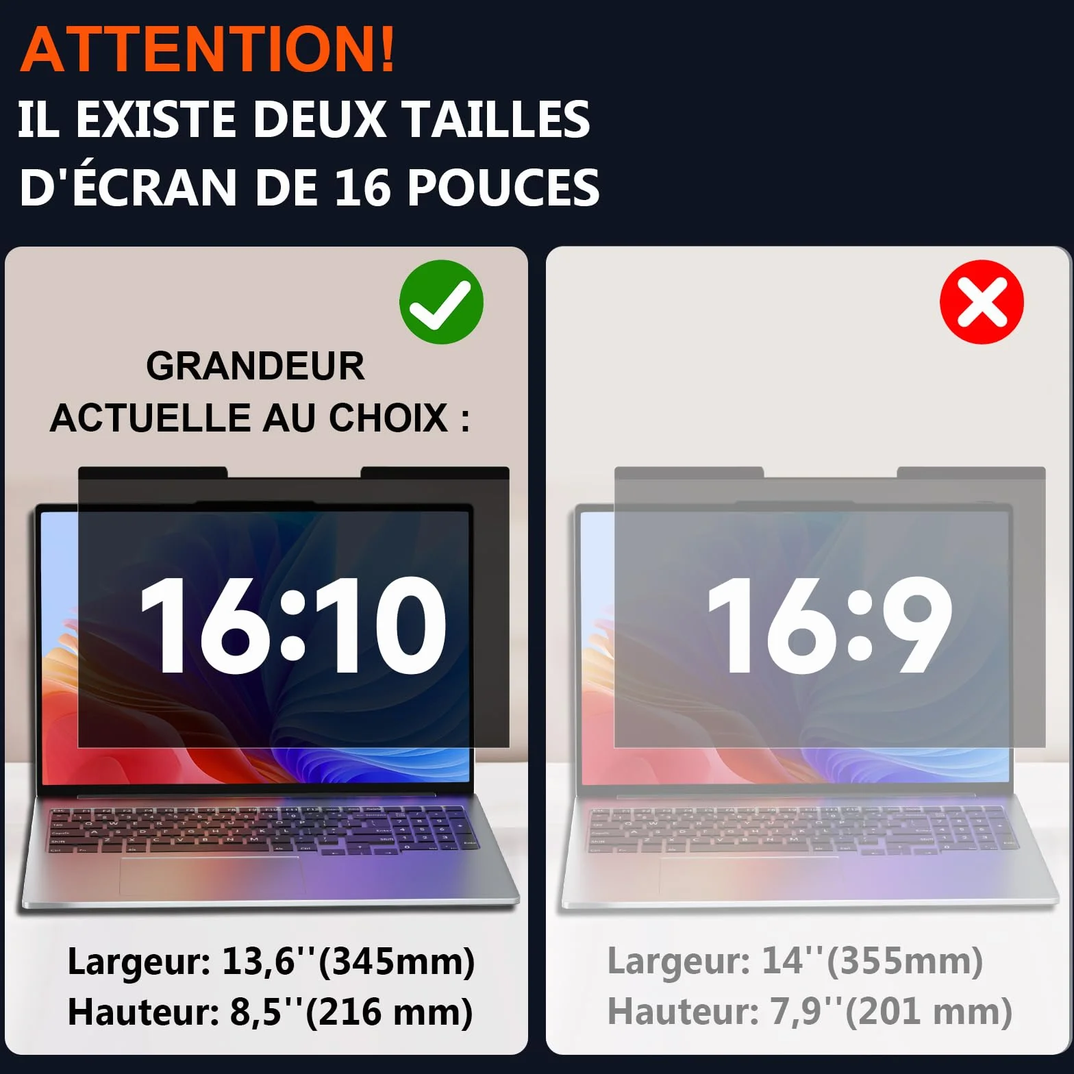 Film de protection anti-espion 16 pouces 16:10 pour ordinateur portable, filtre détachable anti-lumière bleue et reflets