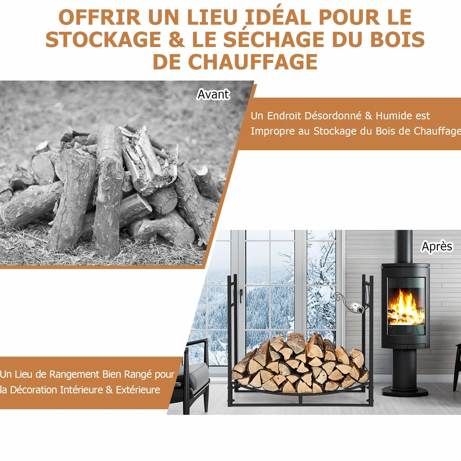 GOPLUS Range Bûches Cheminée Porte Buches Bois Chauffage Intérieur Extérieur Support Amovible 50 kg 84 x 33 x 76 cm