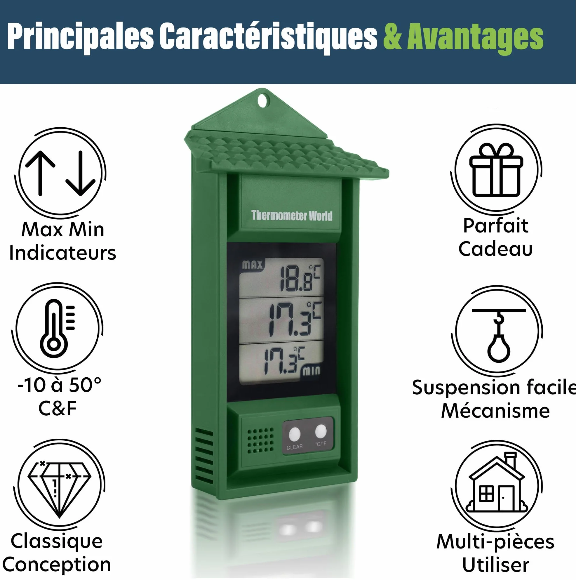 Thermomètre numérique min/max intérieur extérieur pour serre mural