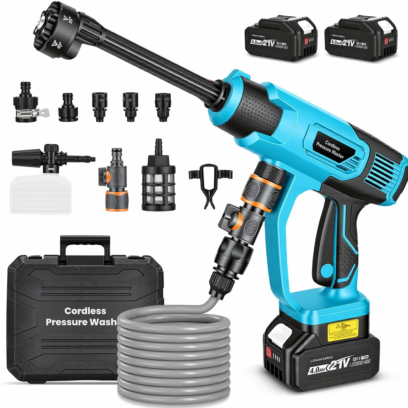 Nettoyeur Haute Pression sans Fil 100 Bar, Nettoyeur à Pression Mobile Compatible avec Batteries Makita 18V, avec 2 Batteries 4,0 Ah, Buse Pivotante 6 en 1,Tuyau De 5M, Nettoyer Les Voitures