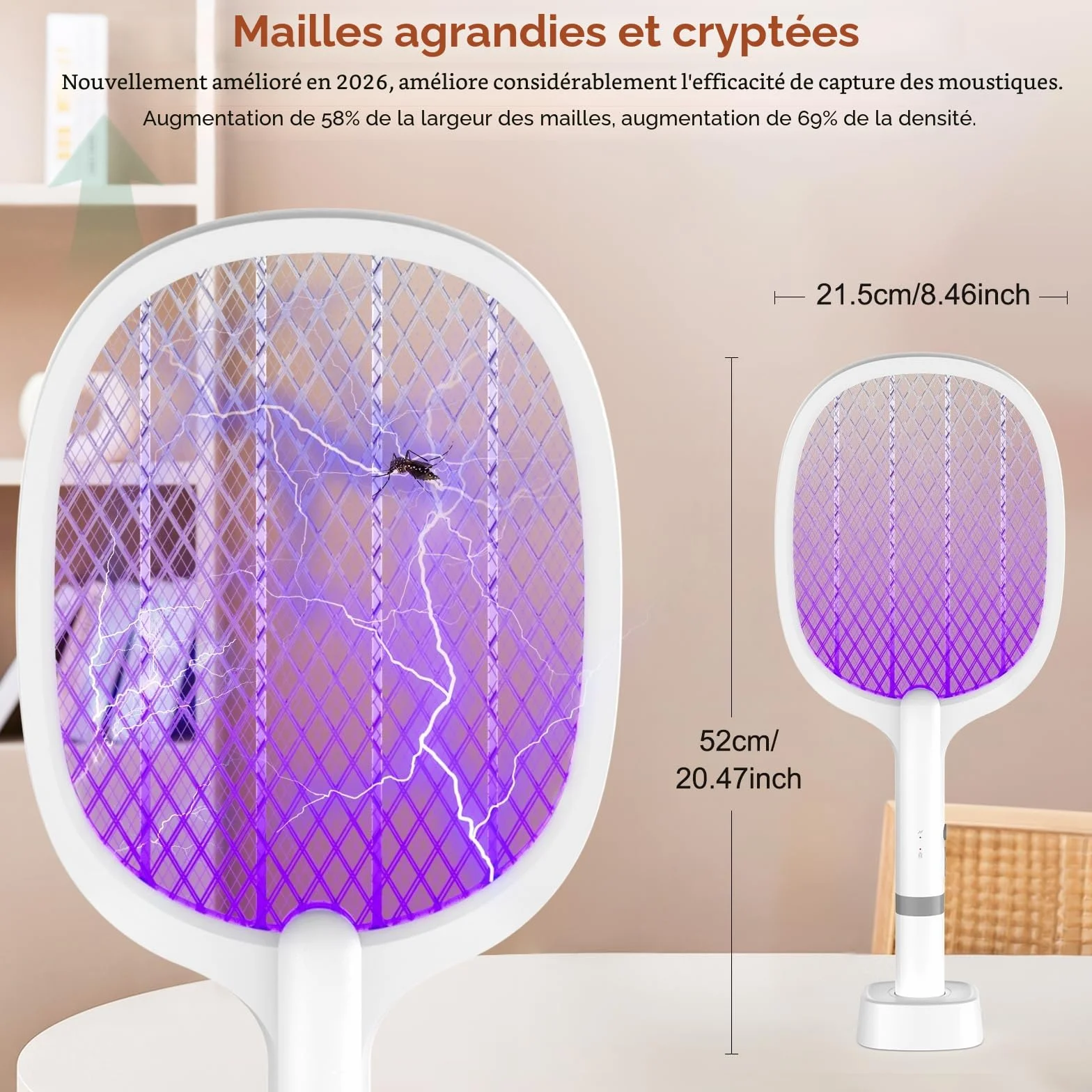 Raquette Electrique Insectes 5000V 2000 mAh Tapette à Mouches USB C 2 en 1 Anti-Moustiques