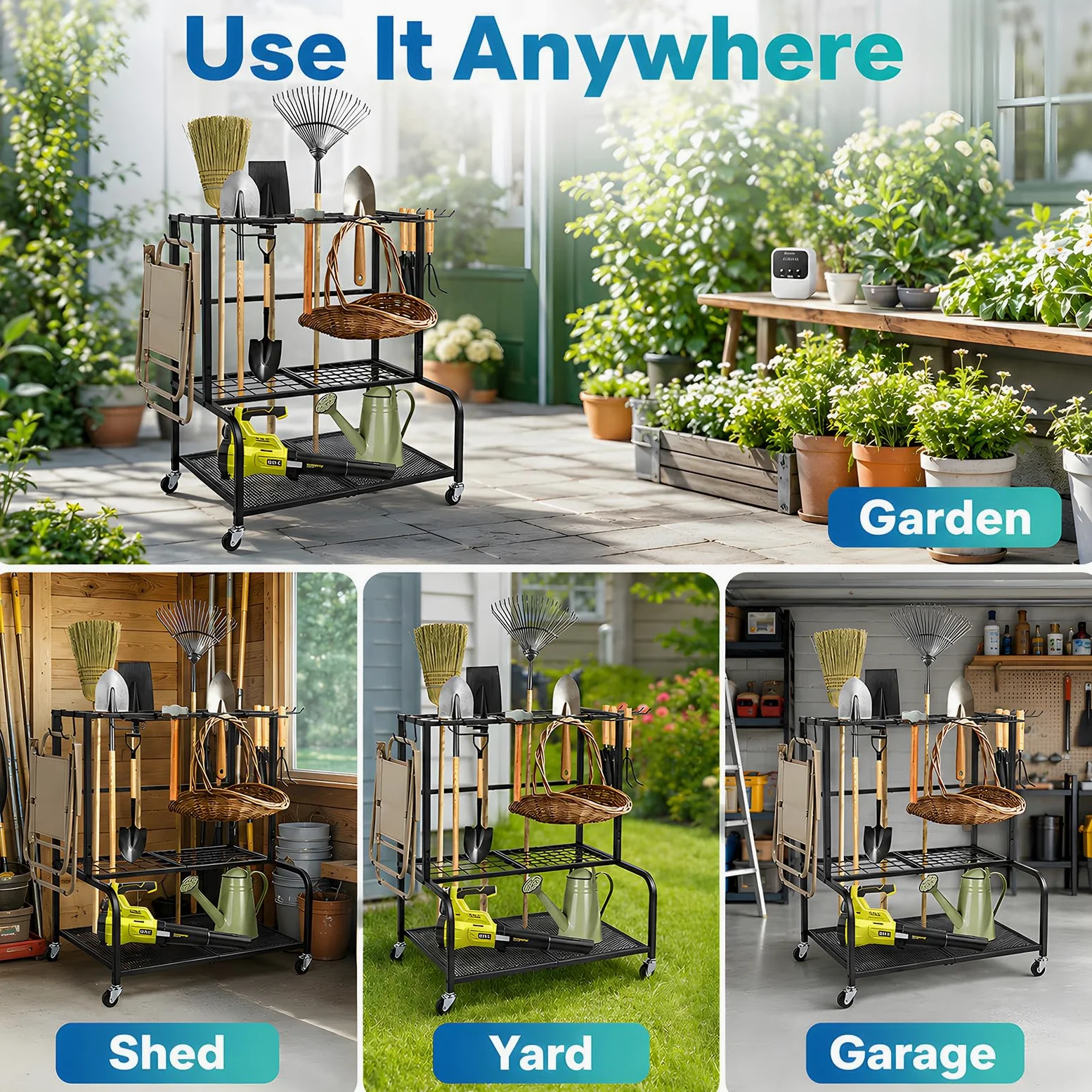 Support de rangement pour outils de jardin, 61 x 41 x 66 cm, pour 78 outils à long manche, gestion de garage avec 11 crochets et roues pivotantes à 360°