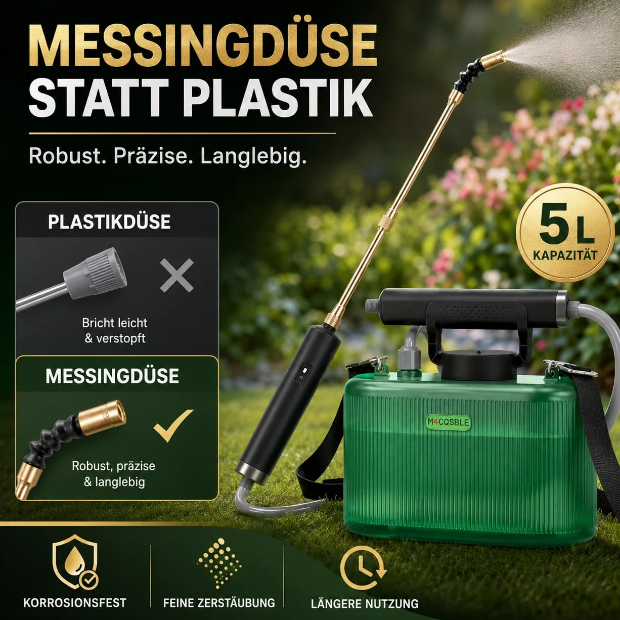 Pulvérisateur Électrique de Jardin 5L avec Lance Télescopique en Cuivre à 2 Modes + Lance INOX pour Douche, 2 Buses, Tuyau 1+3m, Batterie 2200mAh, Recharge USB-C, 2–3h d’Autonomie (5L)