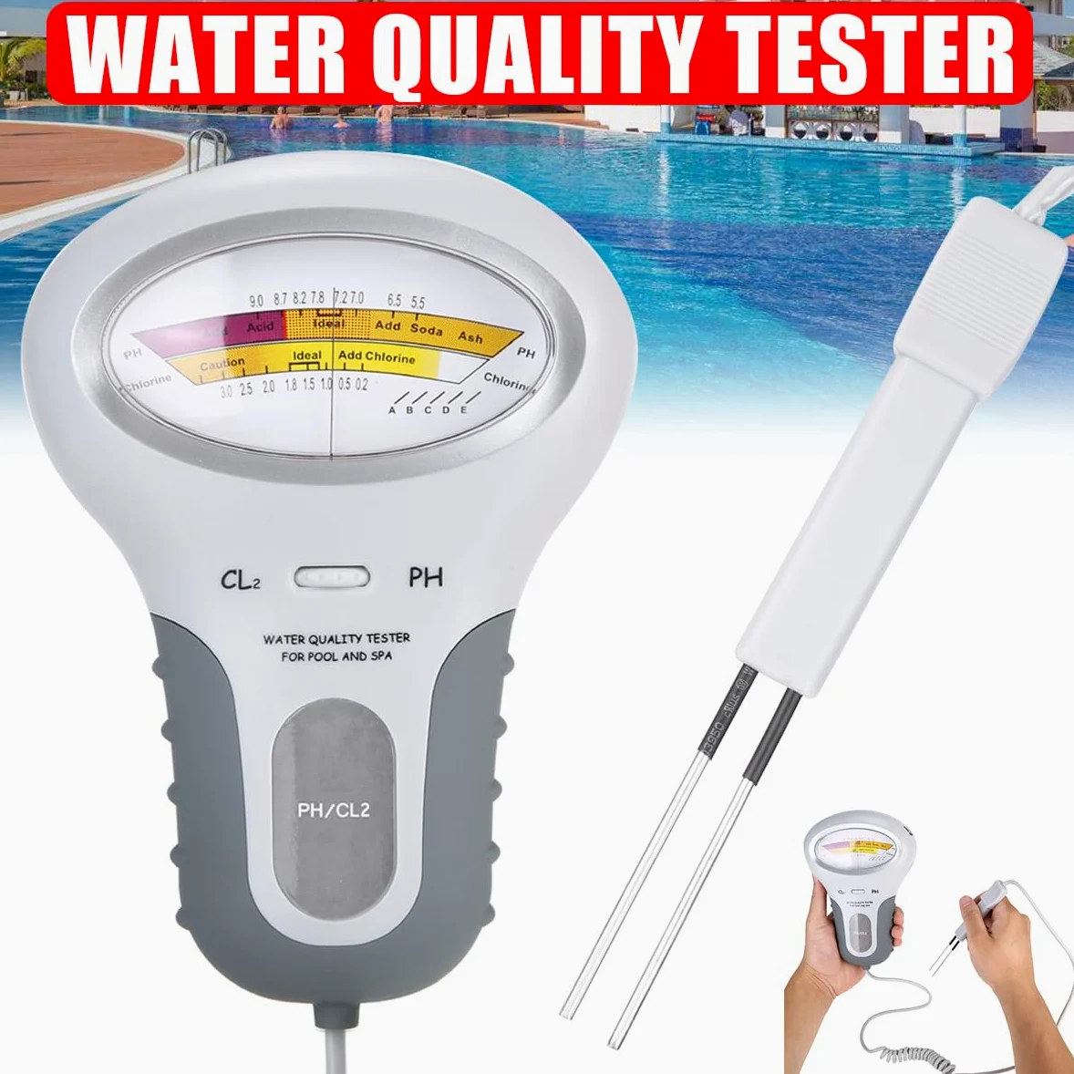 Analyseur Numérique 2 en 1 pH et Cl2 - Testeur de Qualité de l'Eau pour Piscine et Spa - Niveau de Remplissage