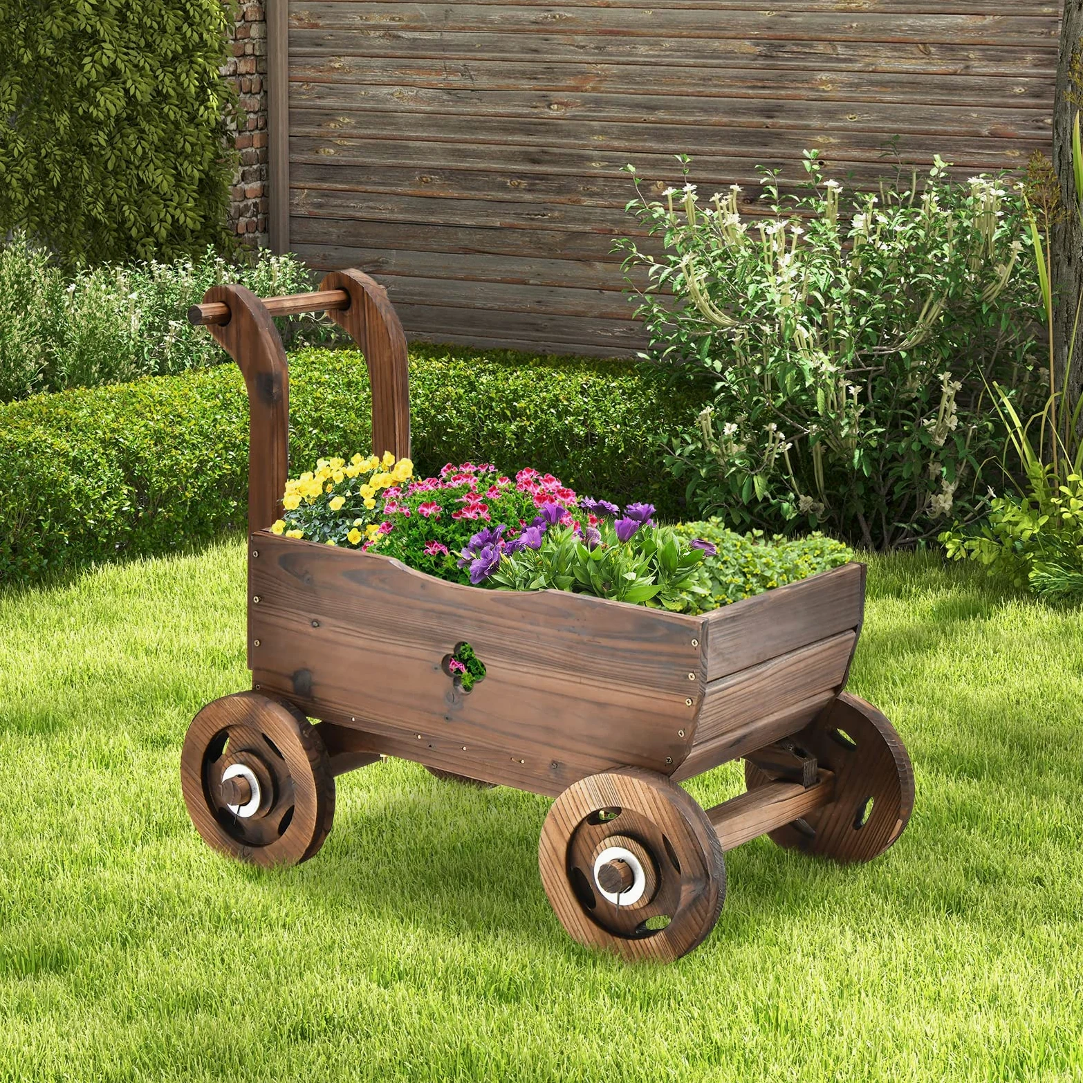 FANTASK Chariot à Fleurs en Bois avec Roues et poignée, Chariot de Plantation avec Trou de Drainage, Diable Rustique, pour Jardin, terrasse, Pot de Fleurs, brouette, décoration de Jardin, jardinière