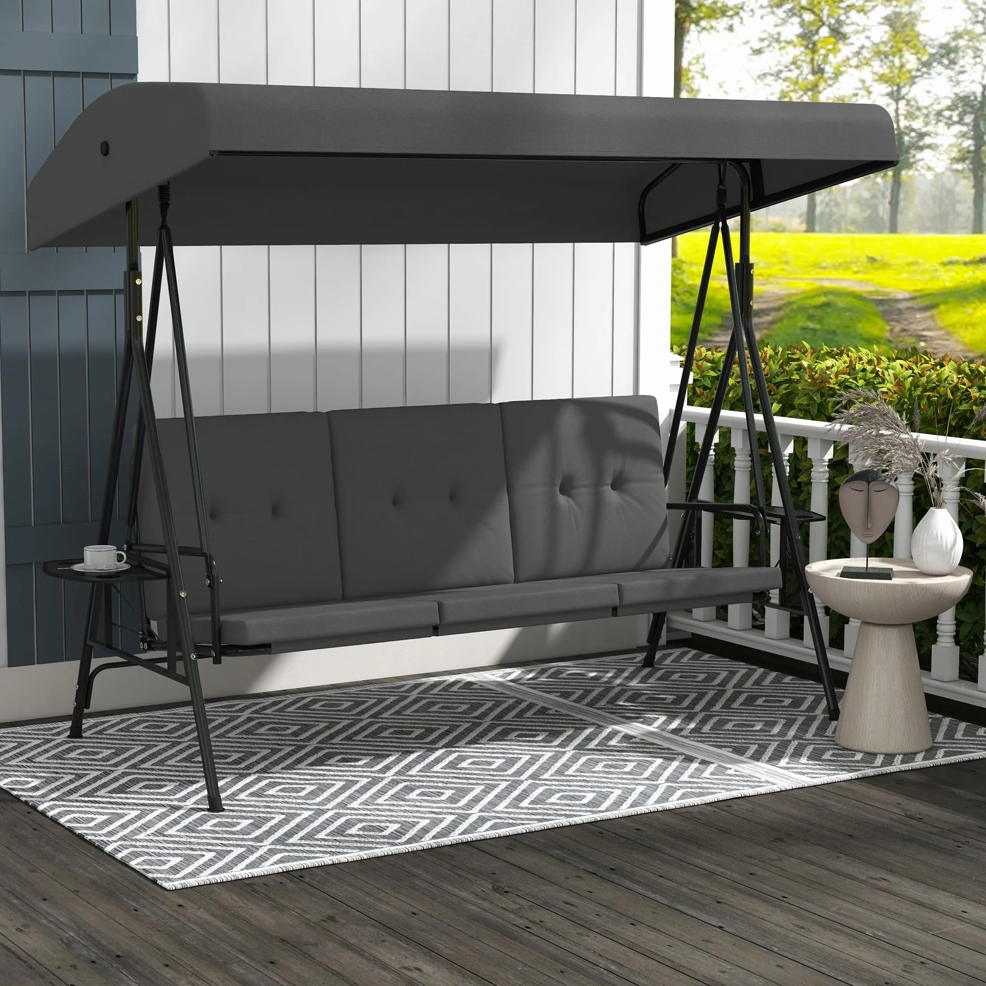 Outsunny Balancelle de Jardin 3 Places Grand Confort Toit réglable Acier Polyester Gris foncé
