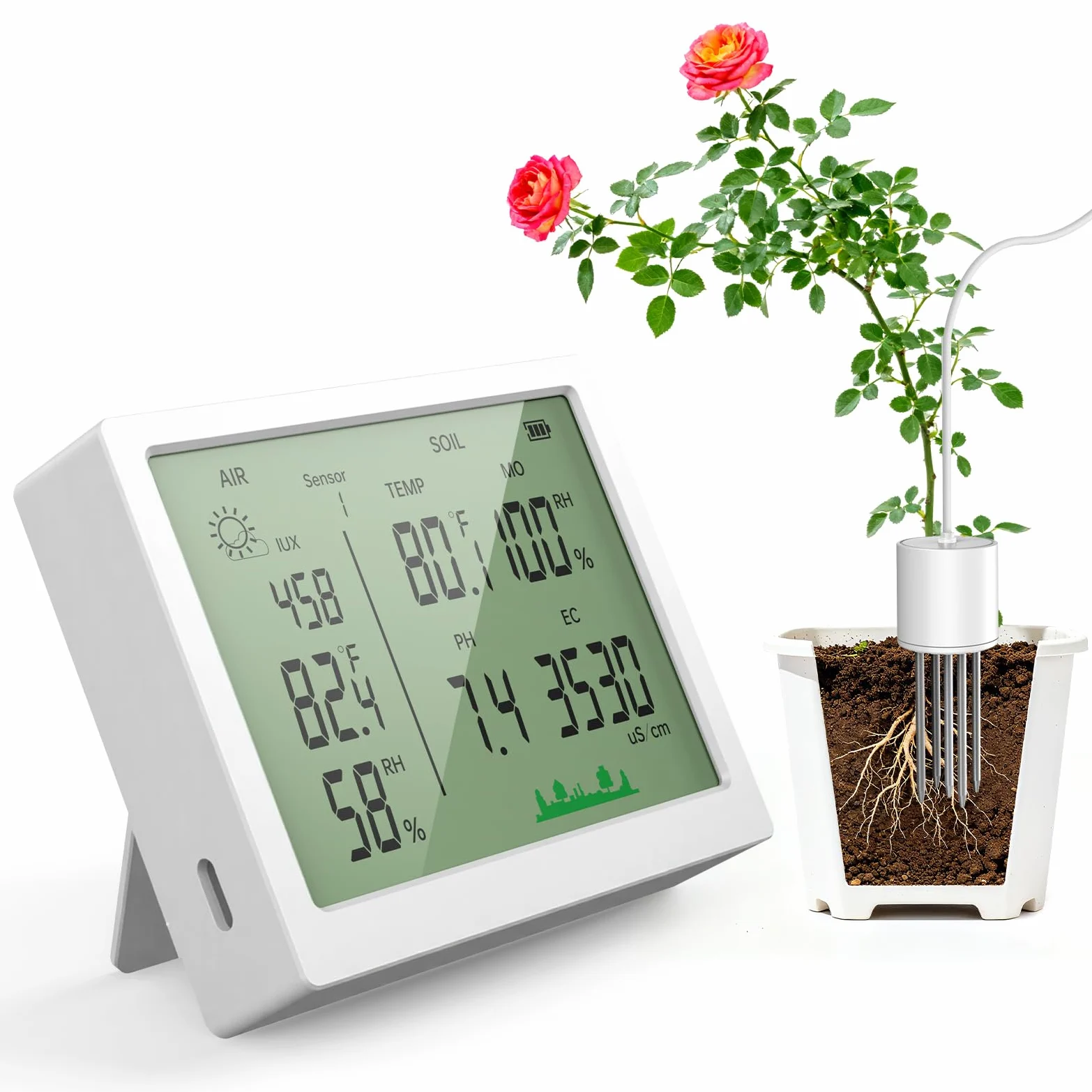 EXTSUD Testeur de pH du Sol 7 en 1, Testeur pour Humidité/Fertilité/pH/Température/Lumière/Humidité Ambiante/Température Ambiante, Humidimetre Hygrometre pour Pot de Fleurs Plante Jardin Ferme Cour
