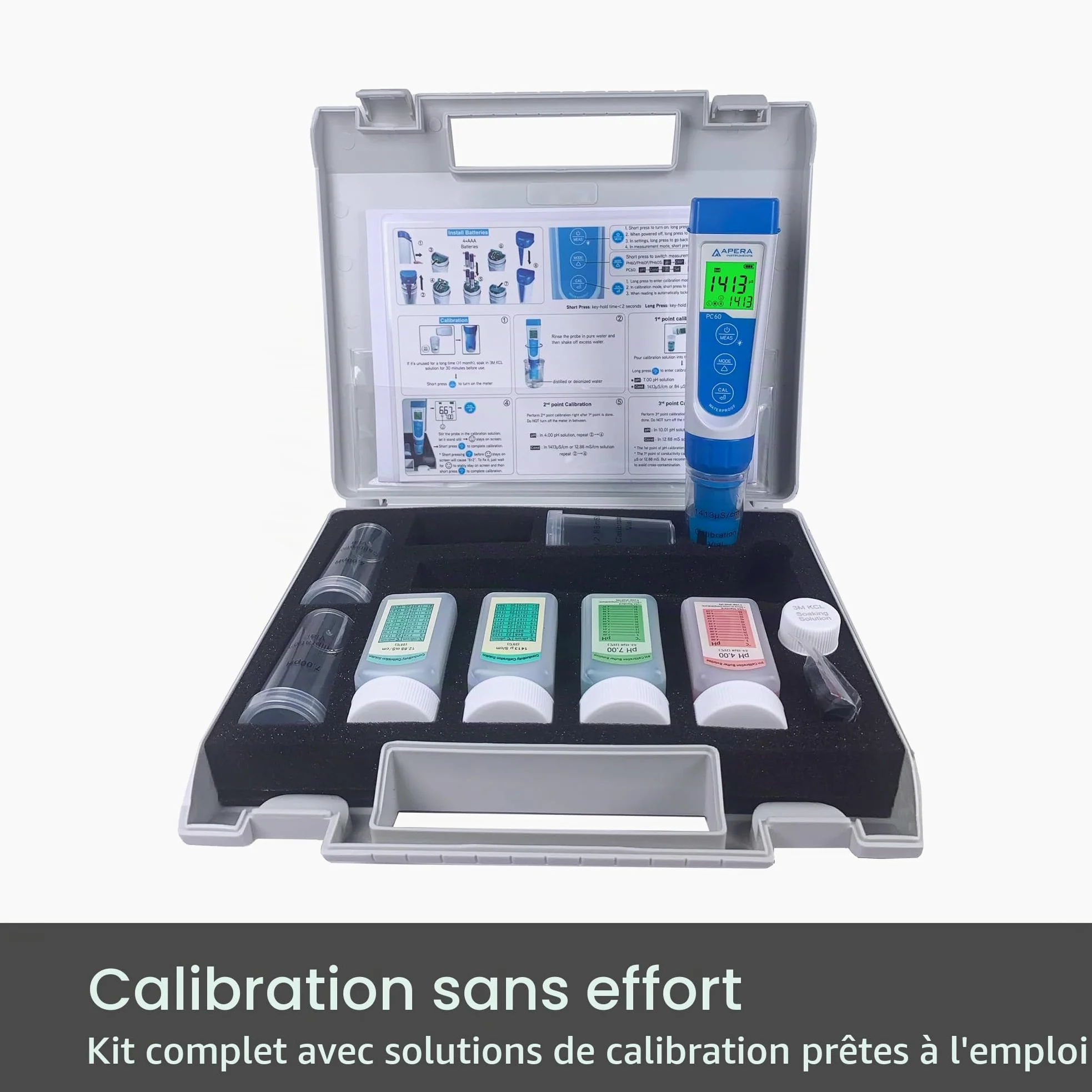 Apera Instruments PC60 Testeur de poche multi-paramètres pH/EC/TDS/salinité avec sonde remplaçable, étanche, ± 0,01 pH/1% de précision, -2,00-16,00 pH ; 0-20,00 mS/cm, capteur de température ± 0,5 °C