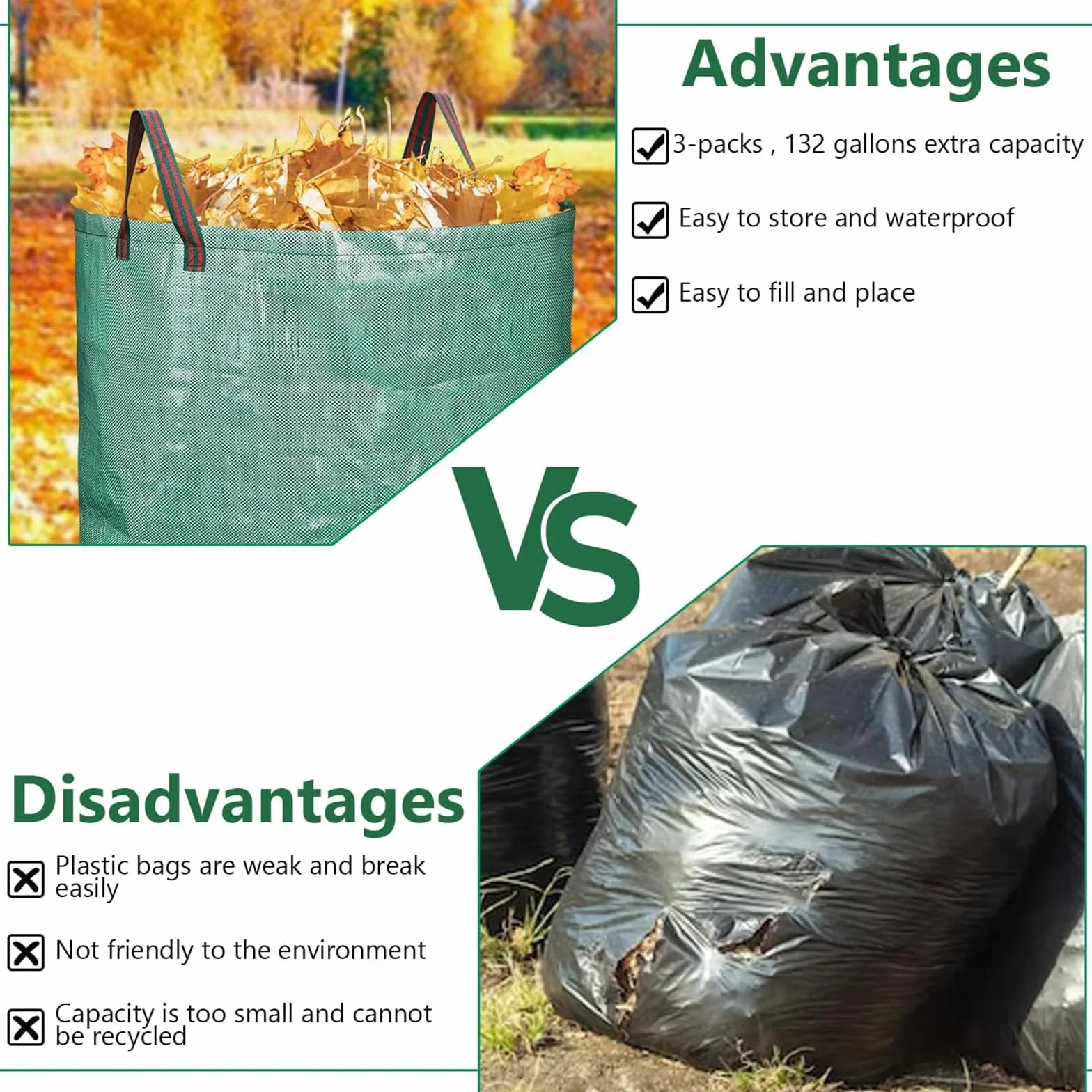 Lot de 2 sacs de jardinage réutilisables avec design standard, conteneur à déchets robustes pour pelouse et cour, capacité de 500 litres