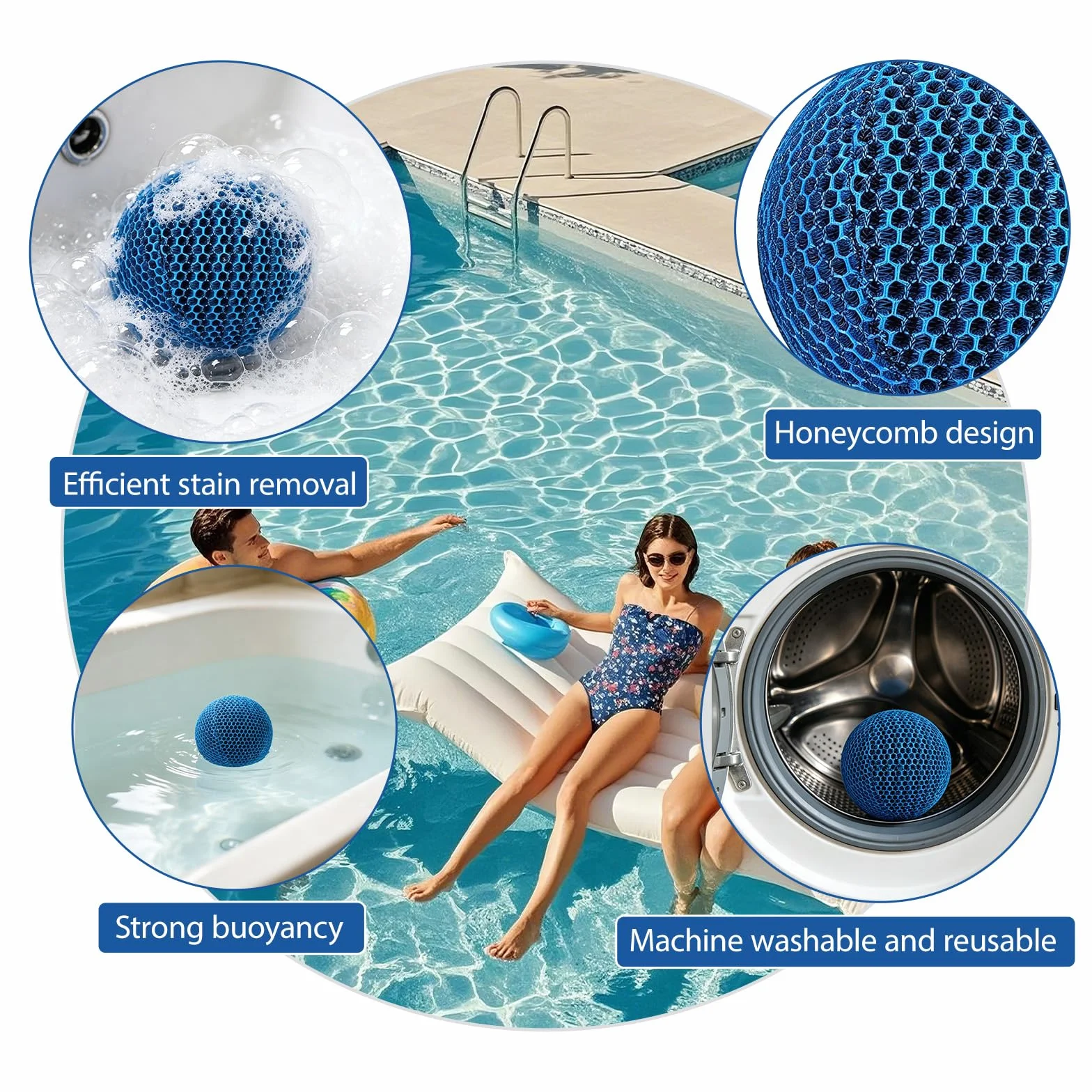 Absorbeur d'huile pour Piscine 4 pièces, Boules éponge réutilisables 70 mm Bleues