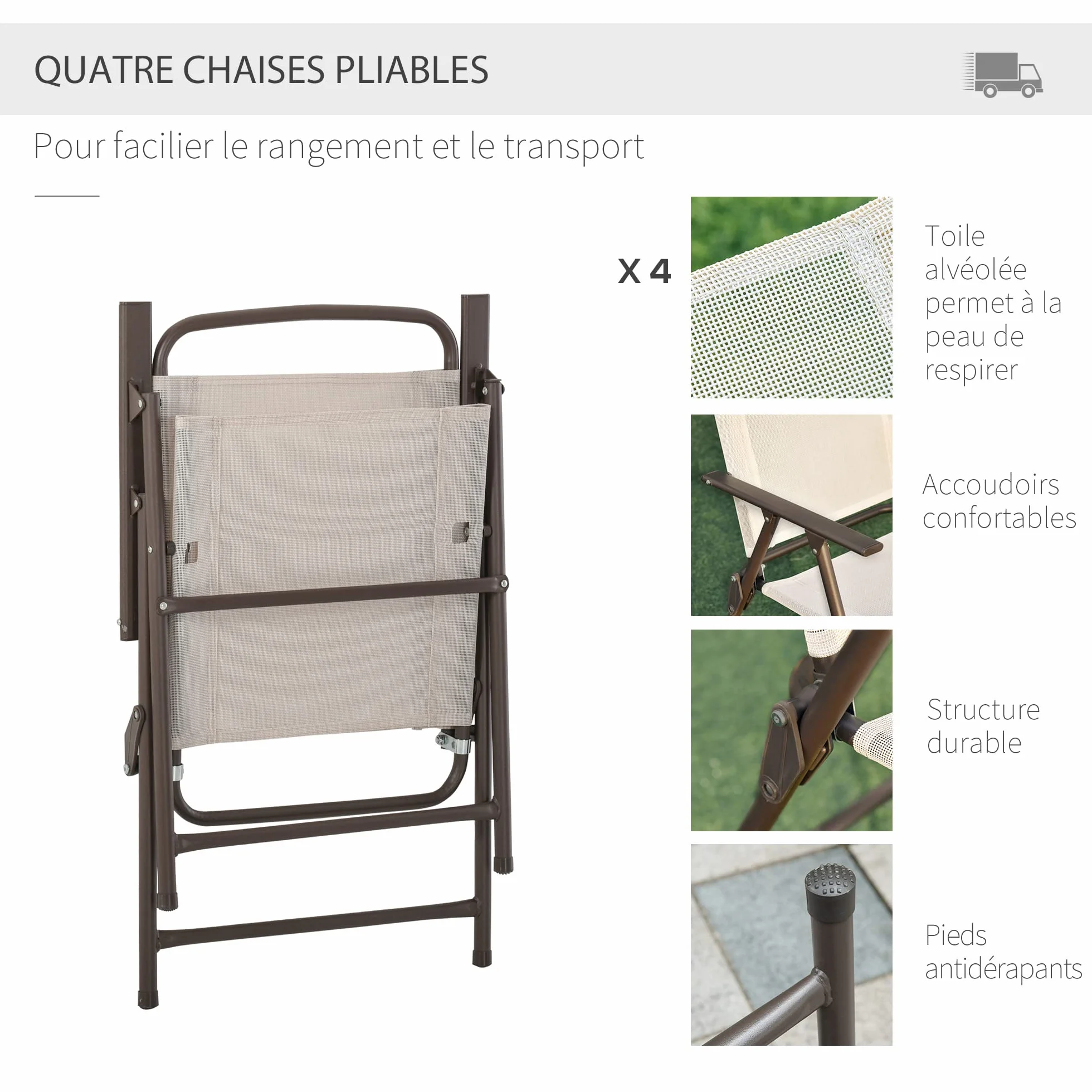 Outsunny Salon de Jardin 6 pièces Table Ronde Chaises Pliables Parasol Acier époxy Polyester Beige