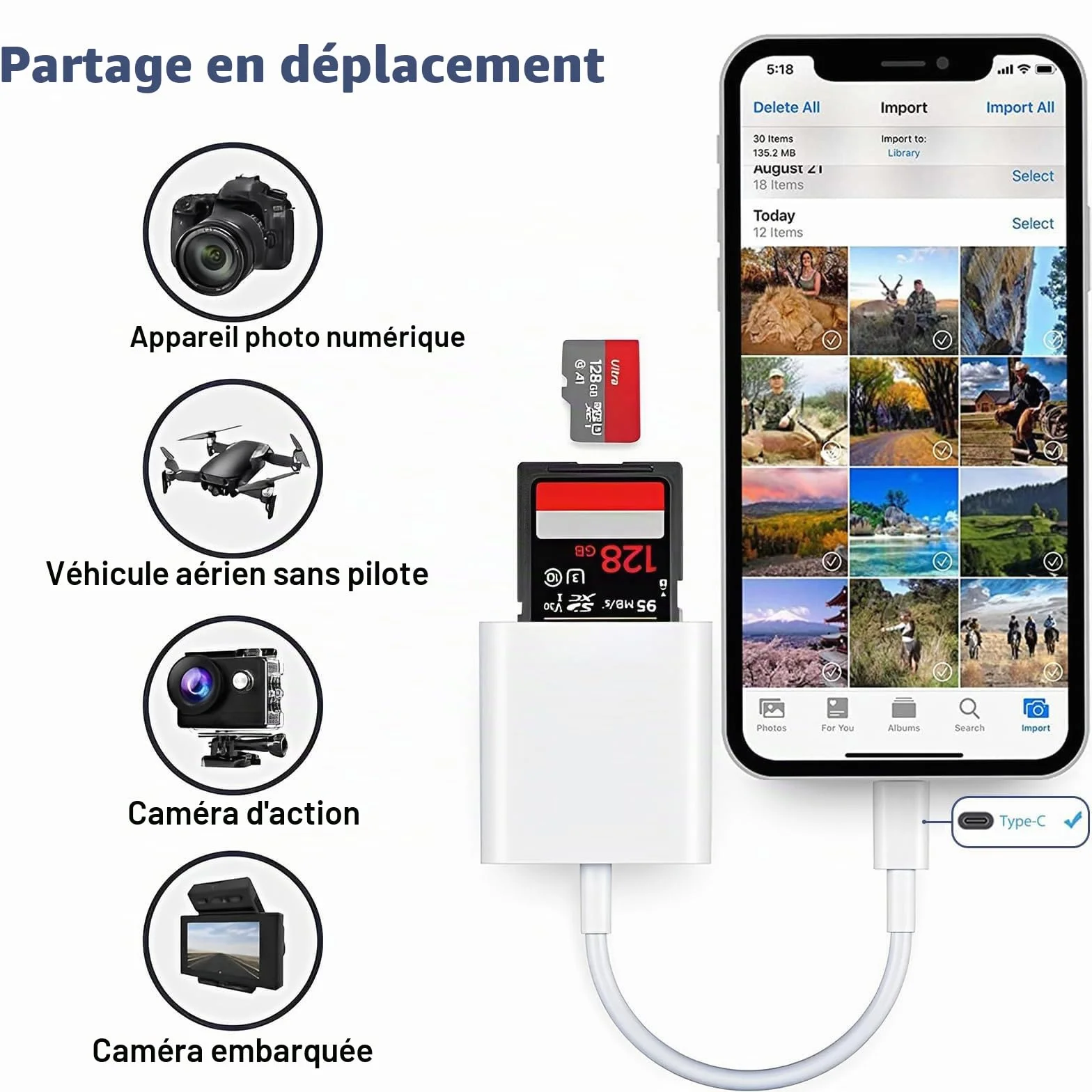 Lecteur Carte SD USB C, Adaptateur SD/TF pour iPhone 16 15 Pro Max, MacBook, iPad, Samsung Galaxy S24 S23
