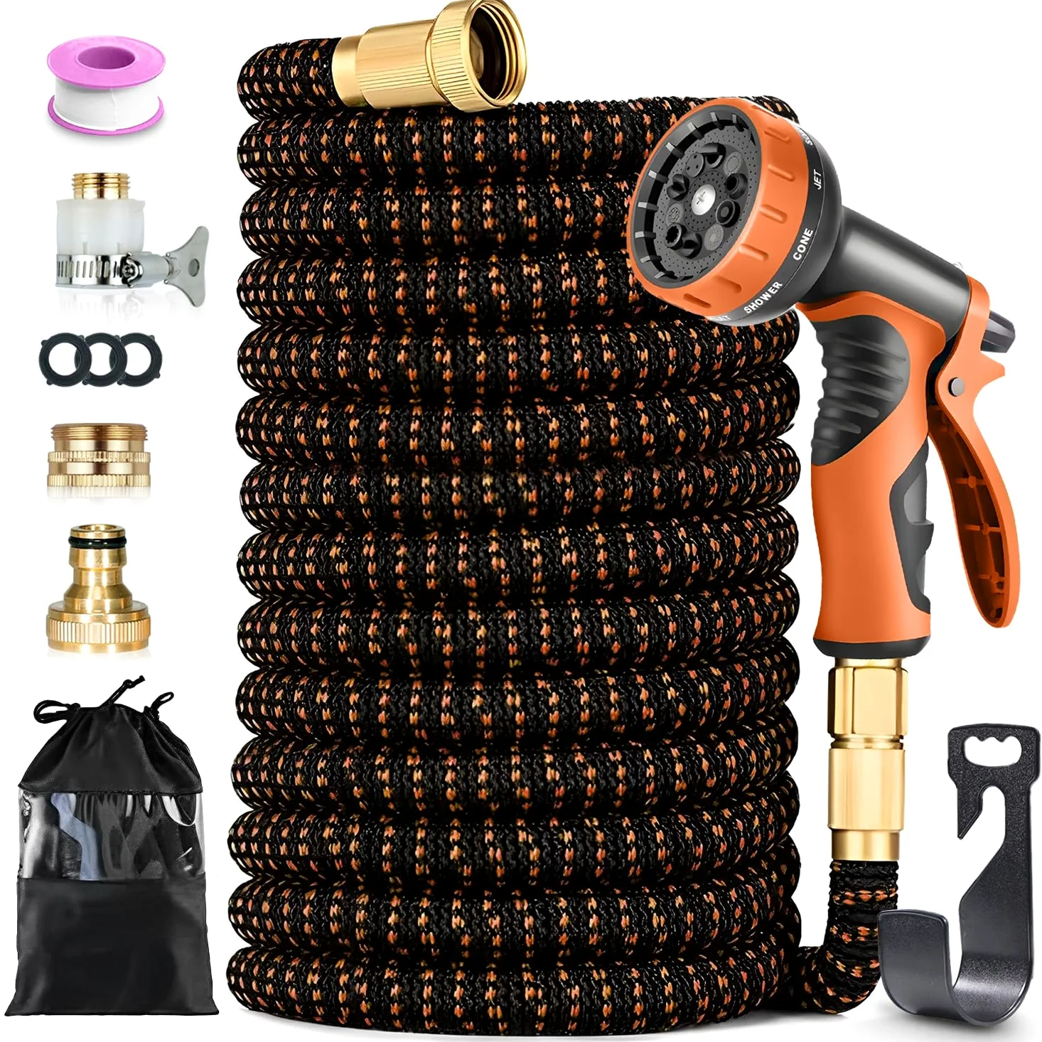 Tuyau Arrosage Extensible 150FT avec Pistolet 10 Fonctions, Raccords 1/2'' & 3/4'', Embout Plaqué Cuivre, Crochet et Sac, Tuyau d'Arrosage Anti-Fuite et Anti-Torsion pour Jardin, Orange
