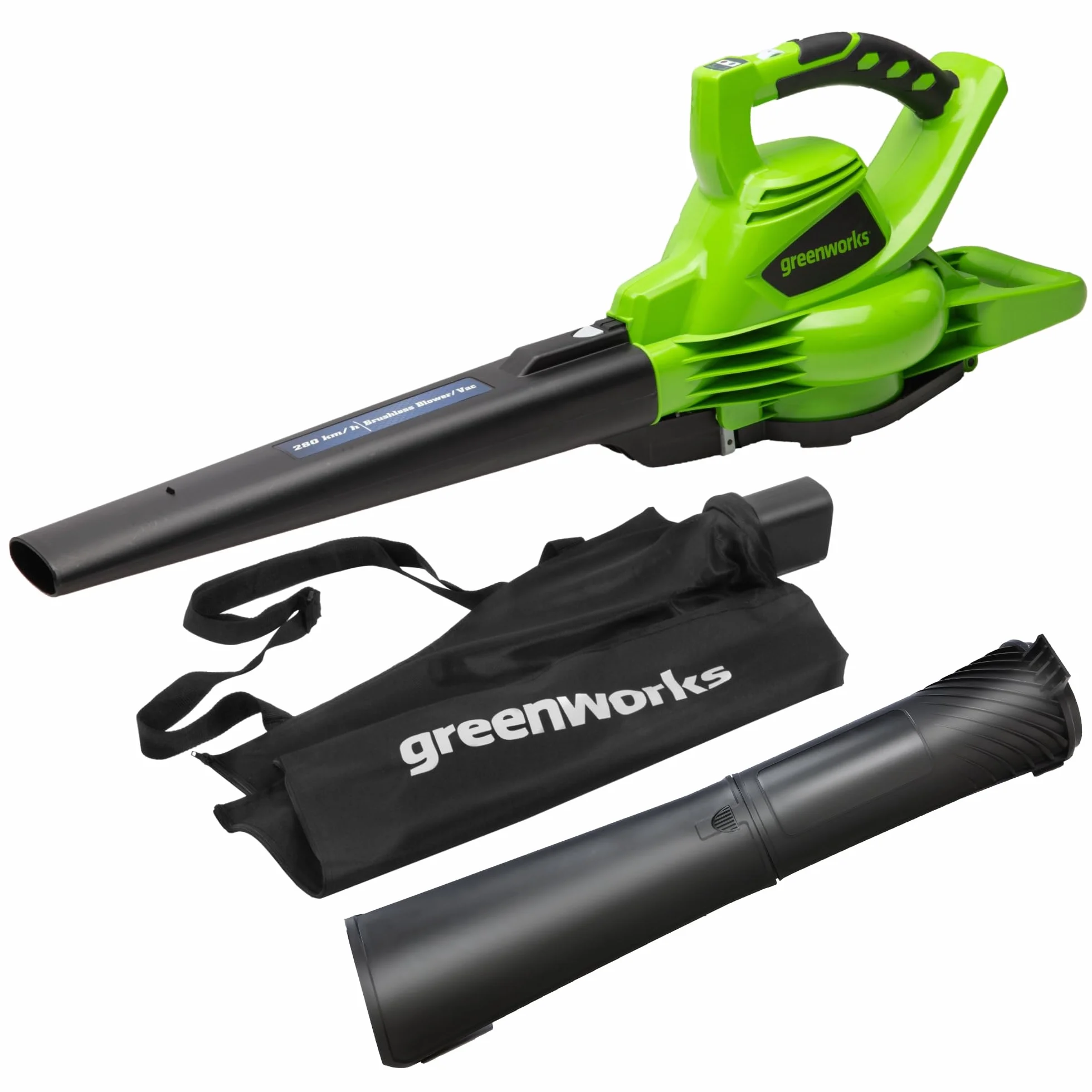 Greenworks GD40BV 40V Aspirateur Souffleur Sans Fil Sans Balais 280 km/h 9,63 m³/min Sac Mulching 45L