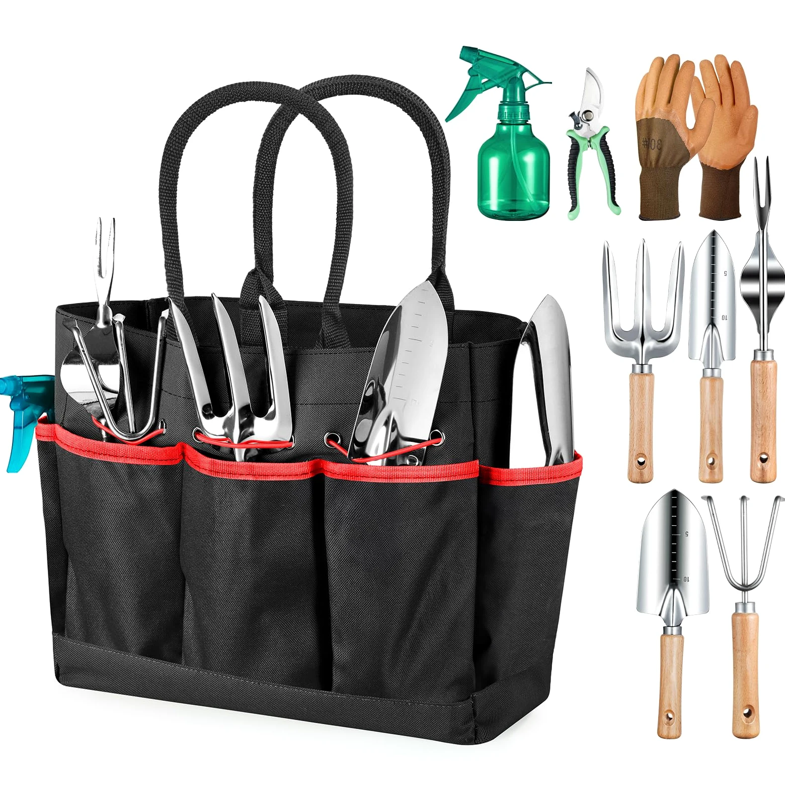 Grenebo Outils de jardinage 9 pièces robustes avec sac à main tendance et durable, ensemble d'outils de jardin antirouille, cadeau de jardinage idéal pour les femmes, noir et rouge