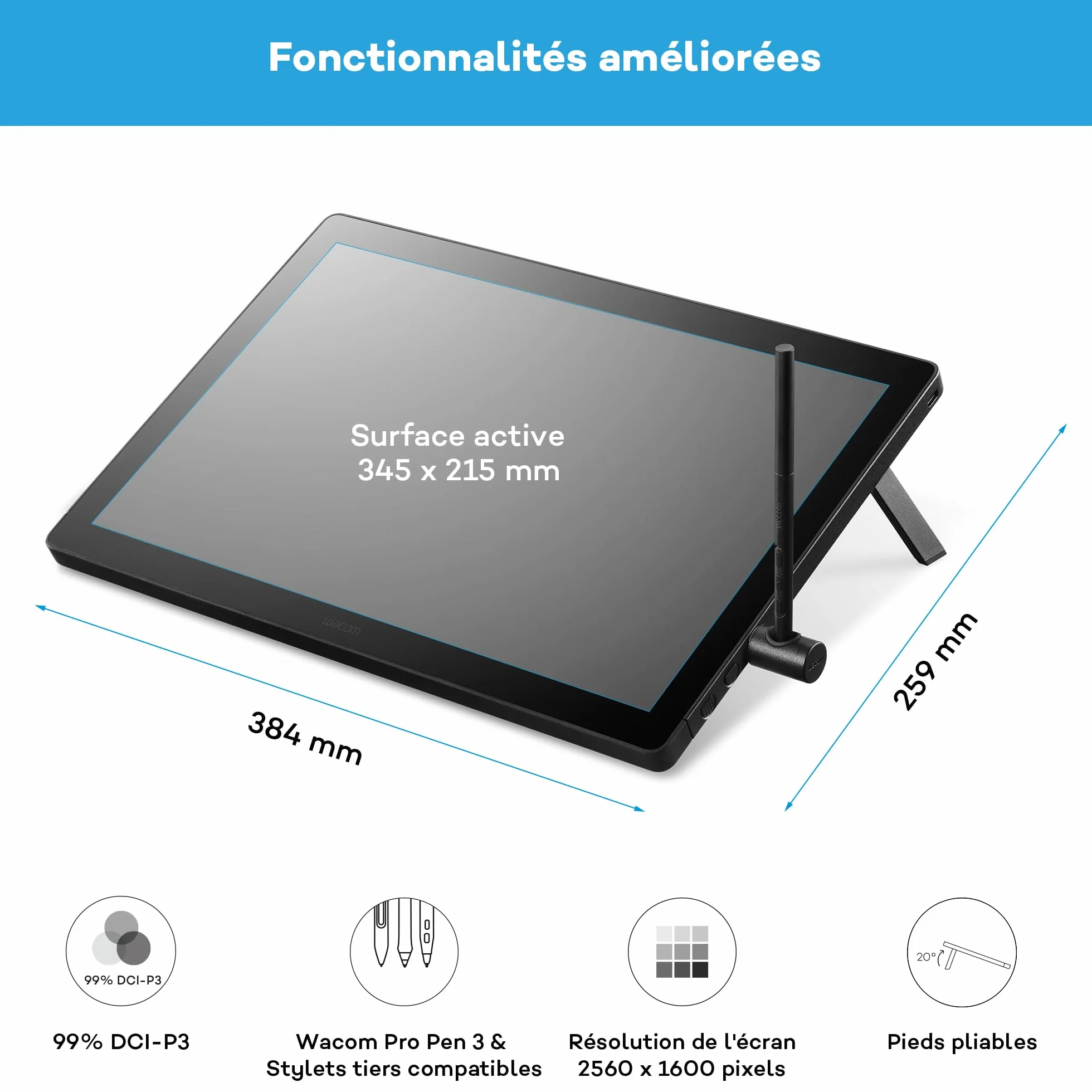 Wacom Cintiq 16 (Édition 2025) Tablette Graphique Écran Stylet 2.5K Wacom Pro Pen 3 Verre Anti-Reflets Support Pliable USB-C