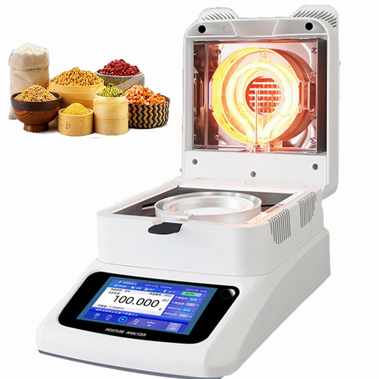 Humidimètre, analyseur halogène portable, précision de 0,01 %, 3 modes de séchage, 3 options d'arrêt, 40-230 °C, test rapide pour les aliments, les plantes et les matériaux de construction