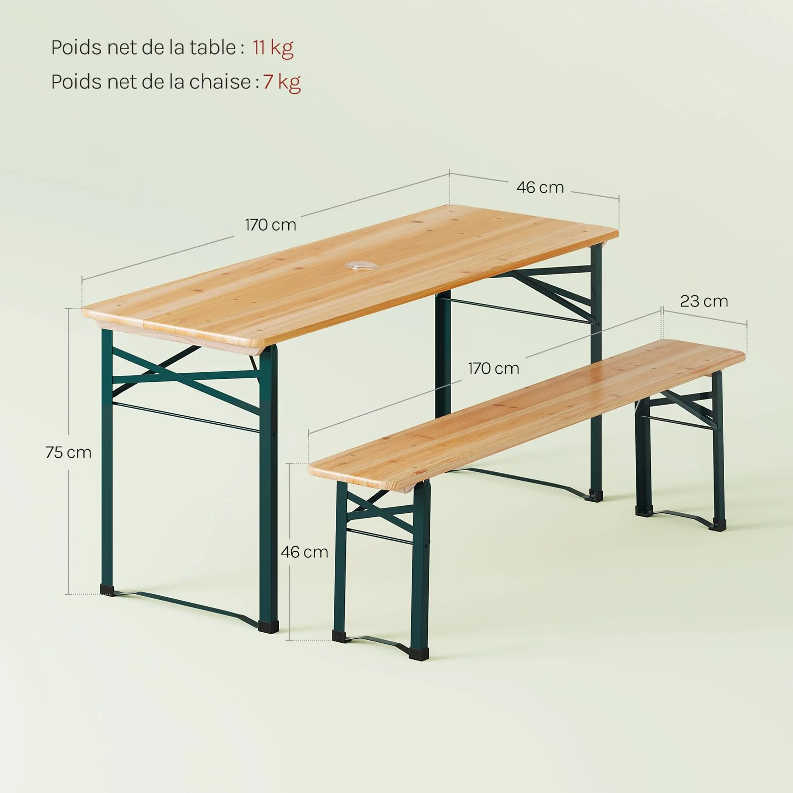 WOLTU Ensemble de Table et Banc de Brasserie 3 Pièces Table Pliante Extérieure avec 2 Bancs Pliables en Bois et Métal