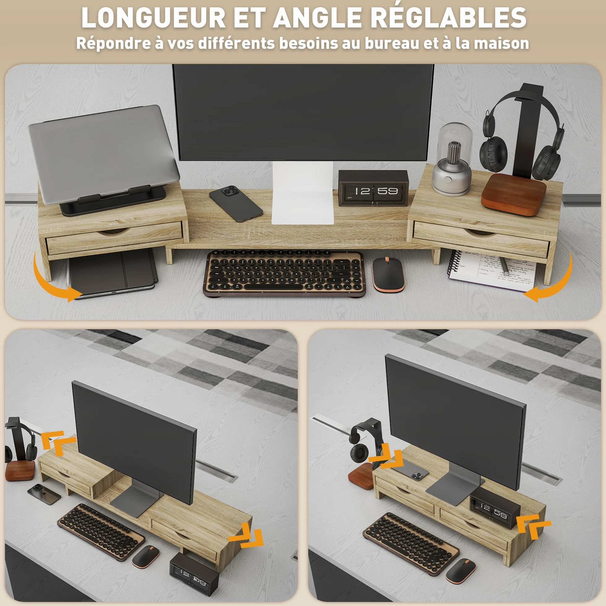 HOMCOM Rehausseur écran PC bureau support moniteur 60-116 cm 2 tiroirs réglable chêne