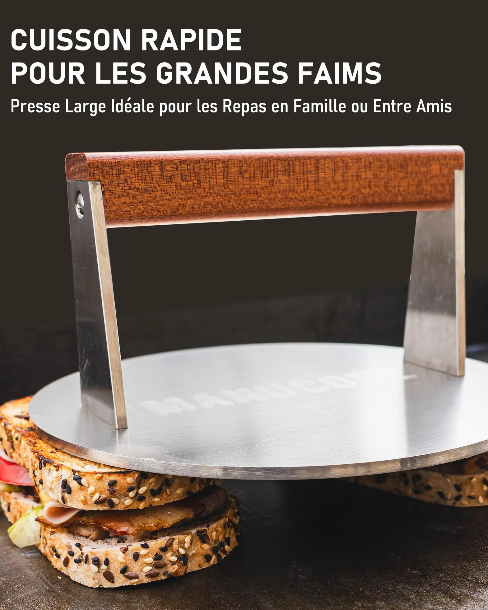 Presse à Griller en Acier Inoxydable 20,5cm 1,42kg Poignée Bois