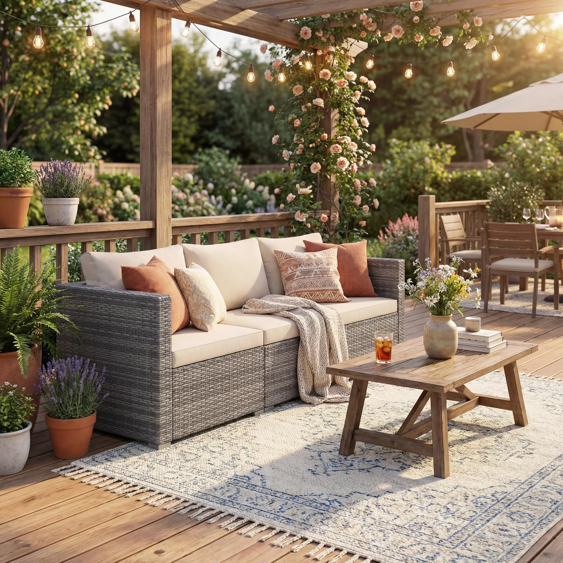 LIFEZEAL Canapé de Jardin 3 Places Rotin PE Charge 540 KG Modulable Beige