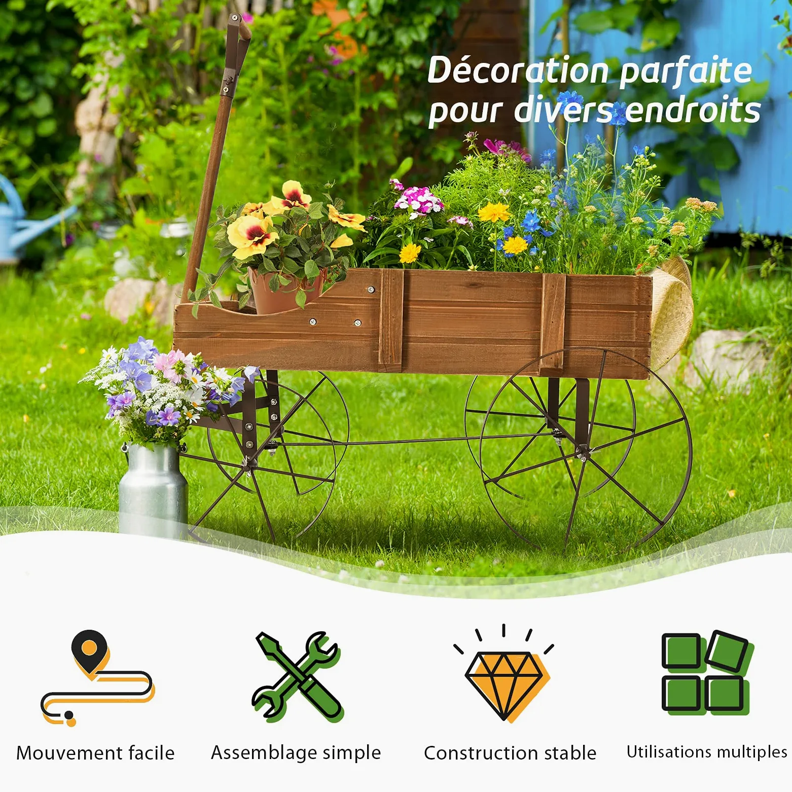 RELAX4LIFE Brouette Décorative en Bois avec 4 Roues en Métal, Chariot à Fleurs avec Capacité de Charge Jusqu'à 15 kg, Bac à Fleurs pour Jardin Balcon Terrasse (Marron)