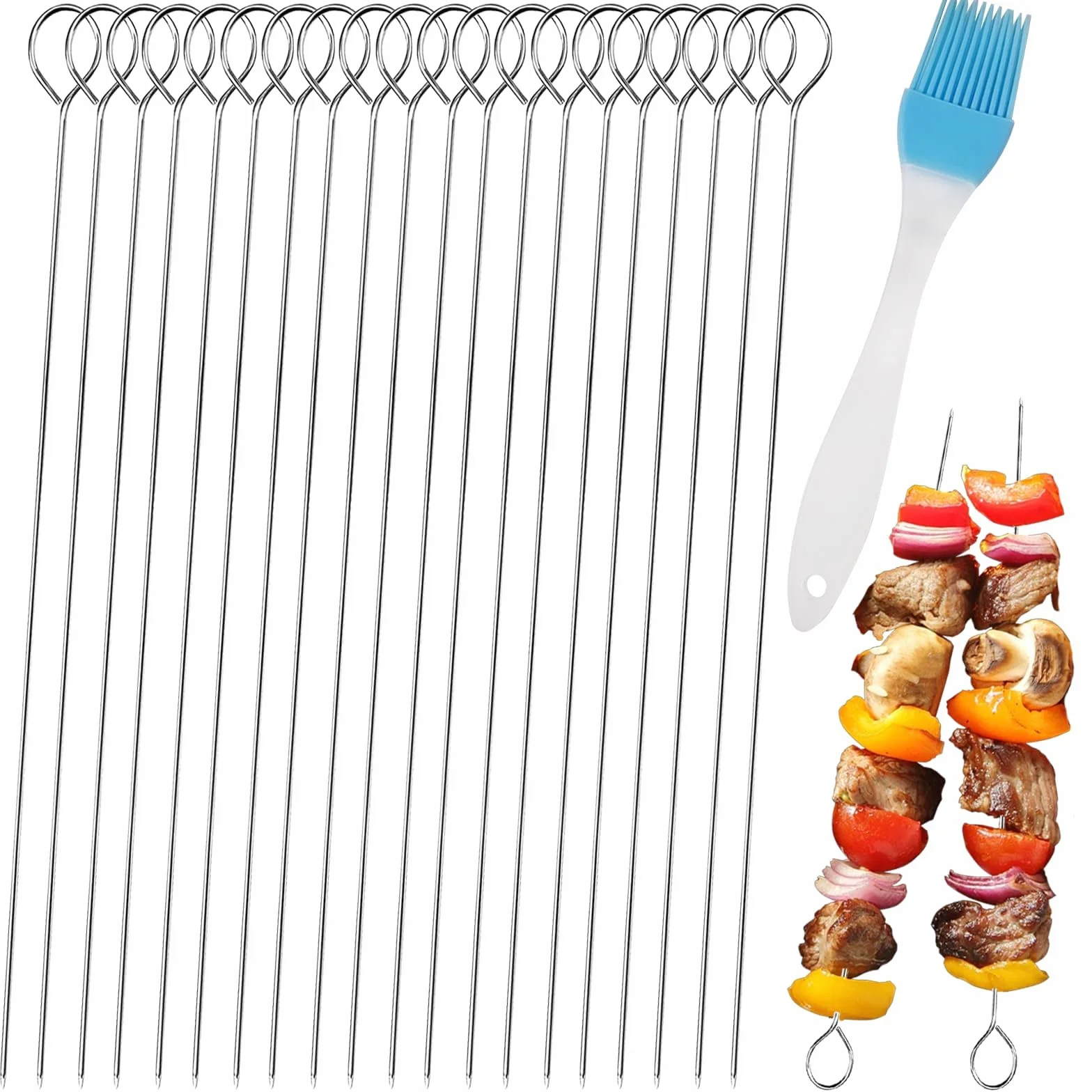 Pic a Brochette en Métal 30 cm avec Pinceau à Huile Silicone Bleu - Kit de Grillade pour Pique-nique et Camping