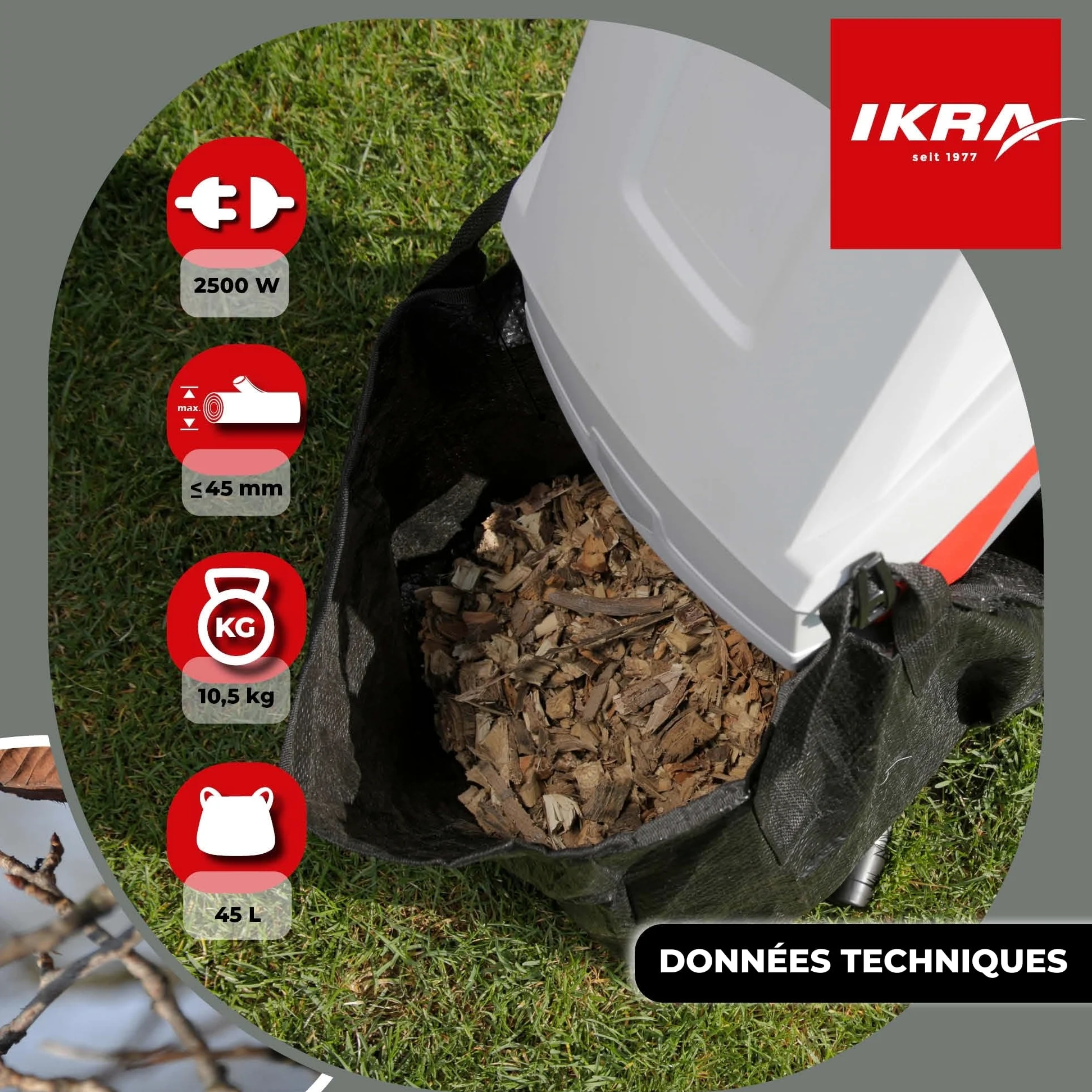 IKRA broyeur électrique IMH 2500, avec lame de rechange et lunettes | Sac de ramassage de 45 l, moteur haute performance, 2500 W, lames réversibles durables, idéal pour la production de paillis