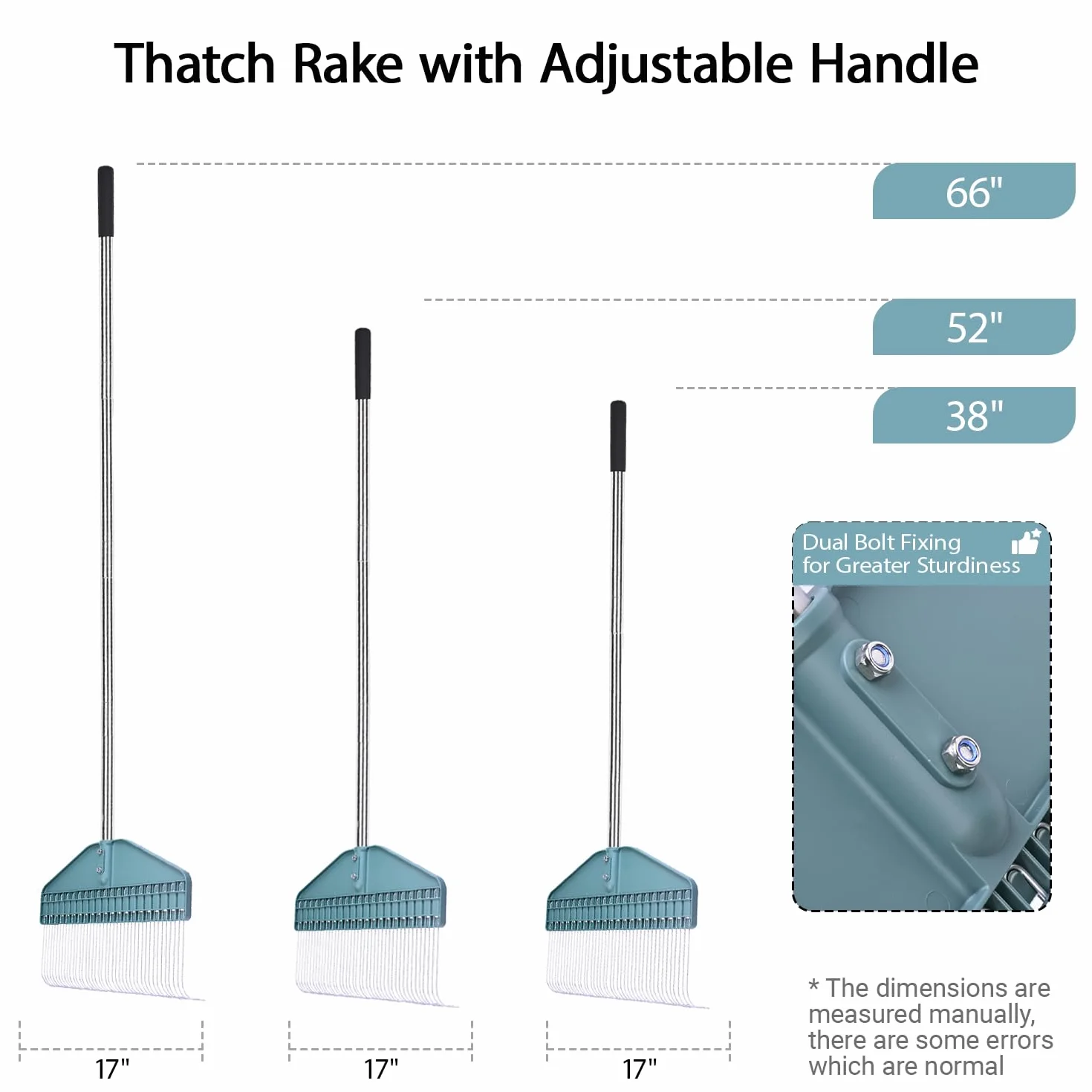 YEELOR Râteau à gazon, râteau pour feuilles, râteau de jardin avec tête de 43,2 cm – Poignée en acier inoxydable de 167,6 cm pour cour, pelouse, arbuste, parterres de jardin, poulailler