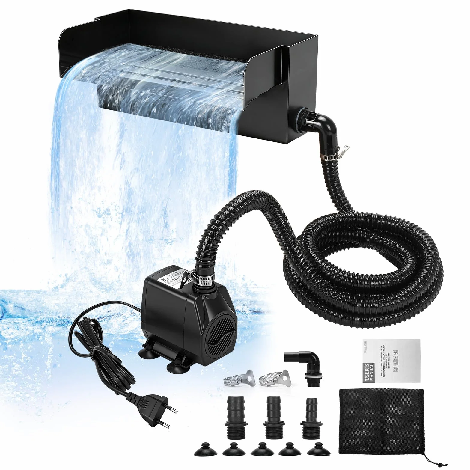 Cascade Bassin Exterieur 30CM Acier Inoxydable Pompe 45W 3000 L/H Kit Jardin