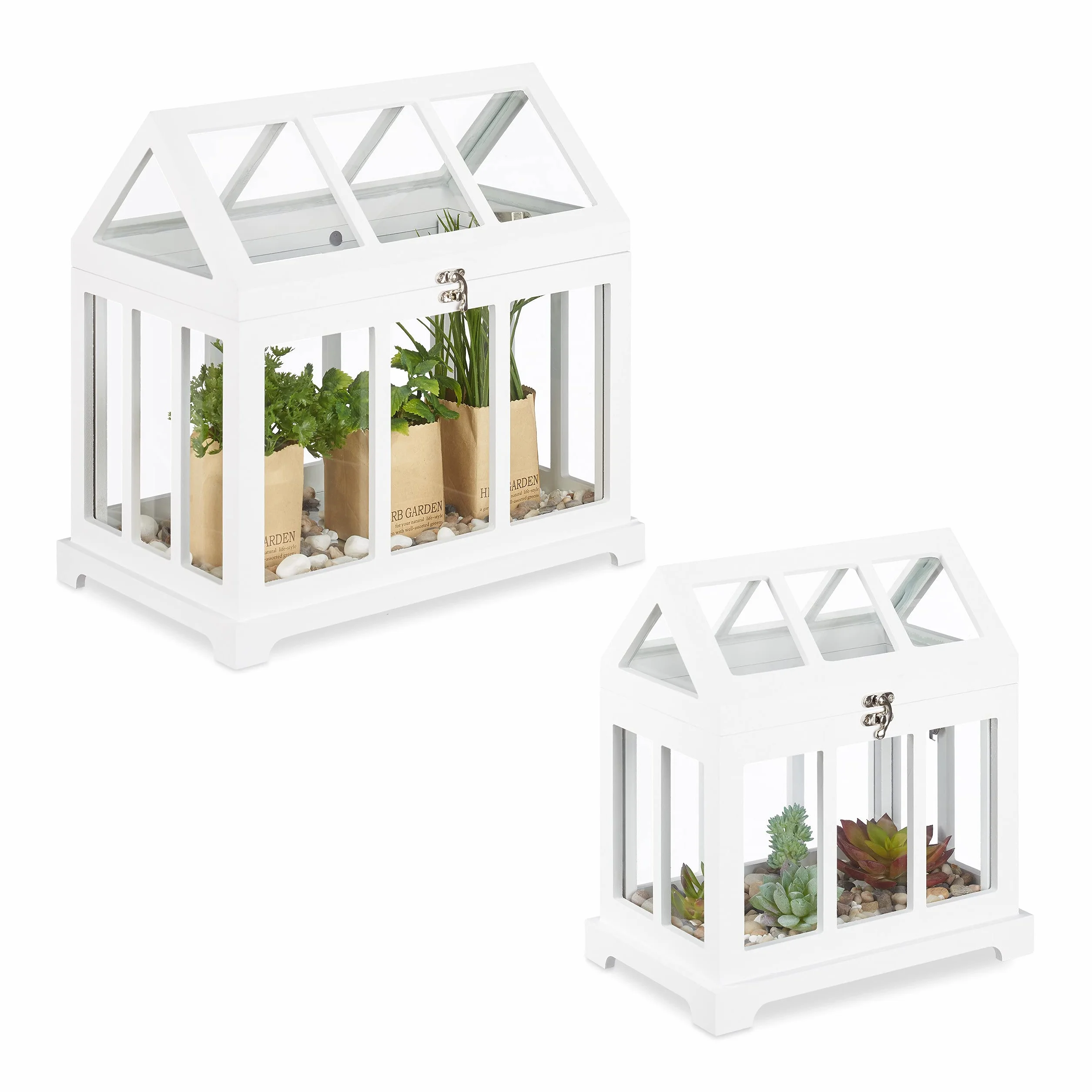Relaxdays Mini Serre intérieur, Lot de 2, pour Le Rebord de fenêtre, en Verre et MDF, Herbes, Fleurs, 2 Tailles, Blanc