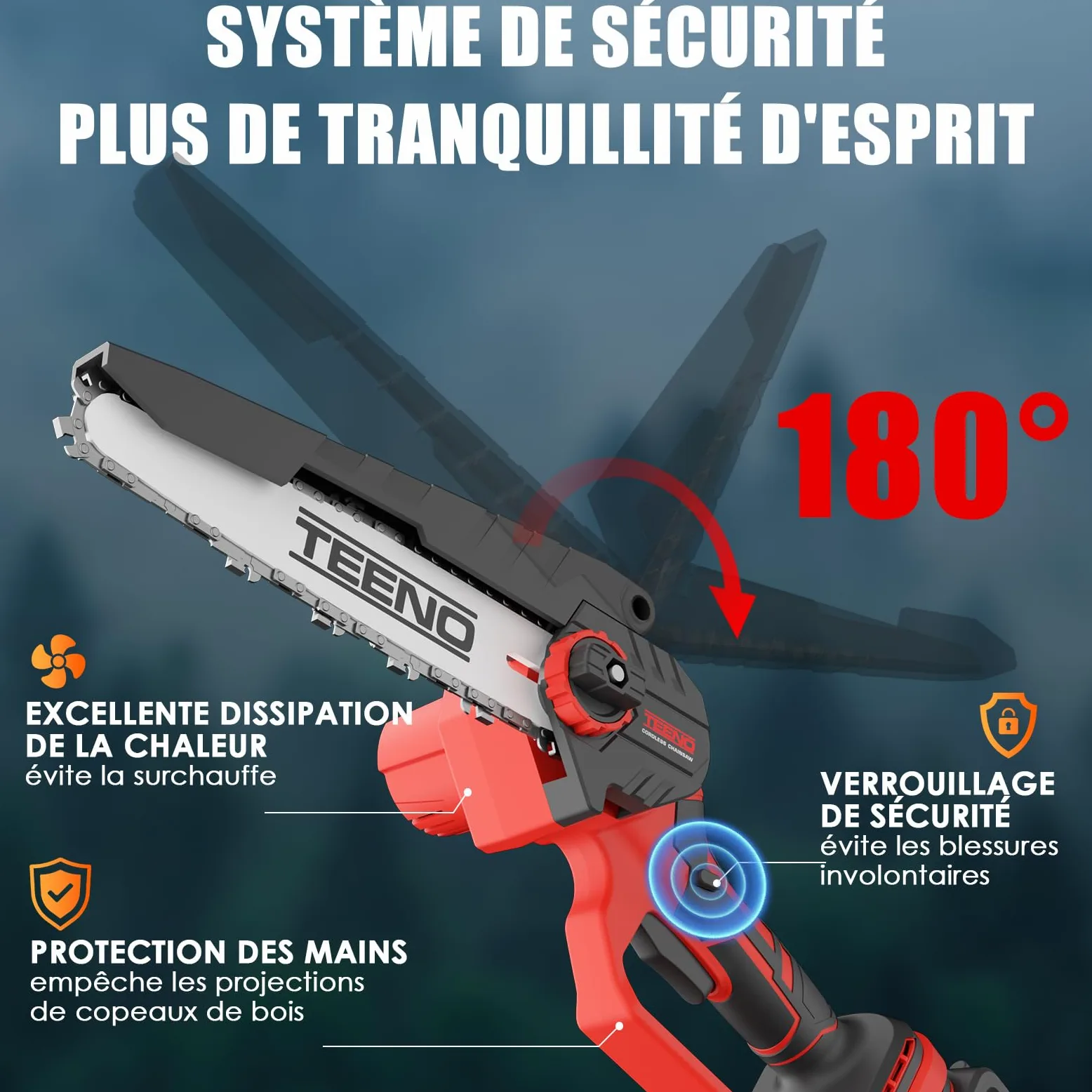 TEENO Tronçonneuse électrique 2-en-1丨Avec rallonge télescopique détachable | Guide-chaîne 2*6 pouces丨2 batteries 4 Ah丨2 chaînes丨Angle réglable à 180°丨Idéale pour le jardinage et l'élagage
