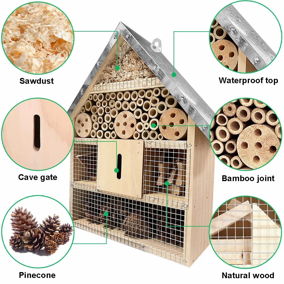 Hotel Insectes Exterieure à Suspendre en Bois avec Toit Imperméable Métal pour Abeille Papillon Coccinelle Jardin Balcon