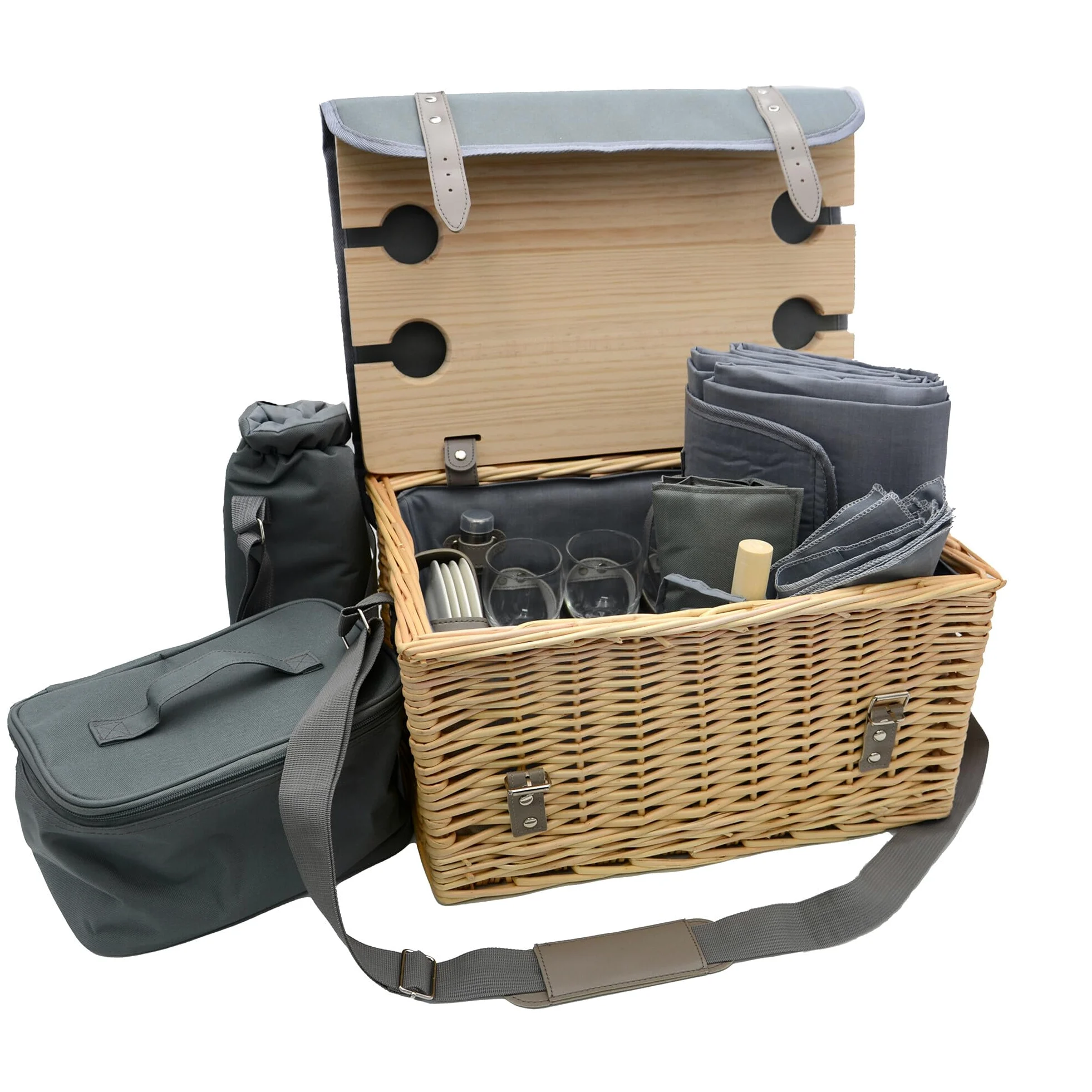 UNUS Panier de pique-nique complet pour 4 personnes 33 pièces avec table de service, couverture de pique-nique et vaisselle