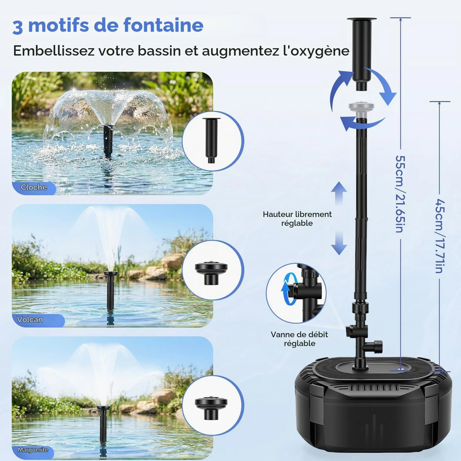 Pompe de bassin avec filtre 3000 l/h - Kit complet de filtre de bassin avec pompe 40 W, 3 buses à ressort (cloche/volcan/marguerites), filtration à plusieurs niveaux pour eau claire - Pompe