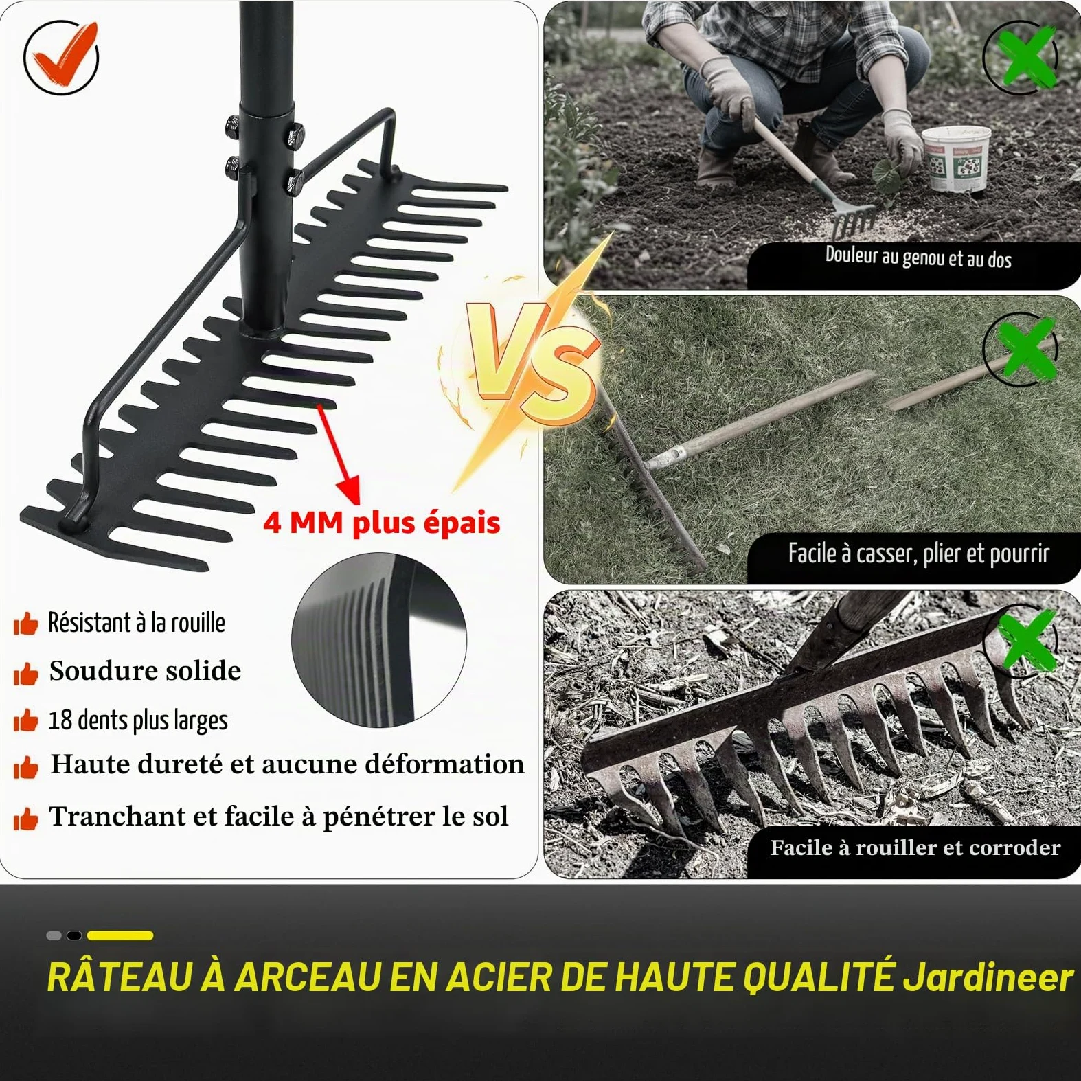 Jardineer Râteau d'arc robuste à long manche en métal pour gravier, roches, pelouses, feuilles, nivellement du sol, aménagement paysager, râteau de jardin avec 18 dents en acier (150 cm)