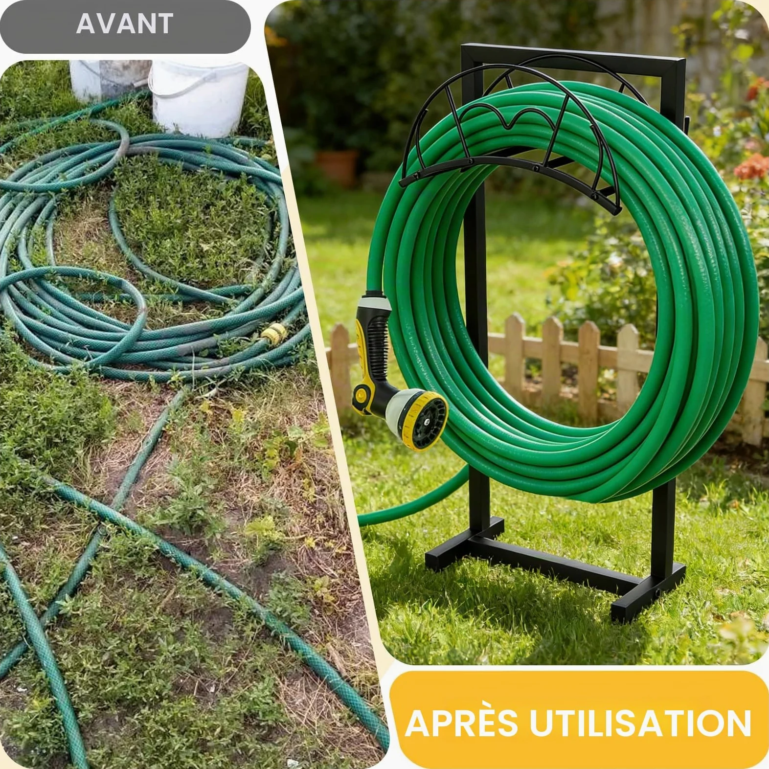 EFUTURETIME Support Tuyau Arrosage en Métal 105cm avec 5 Piquets, Noir | Autonome, Amovible, Robuste et Durable, Contient 50m, pour Cour, Pelouse, Extérieur