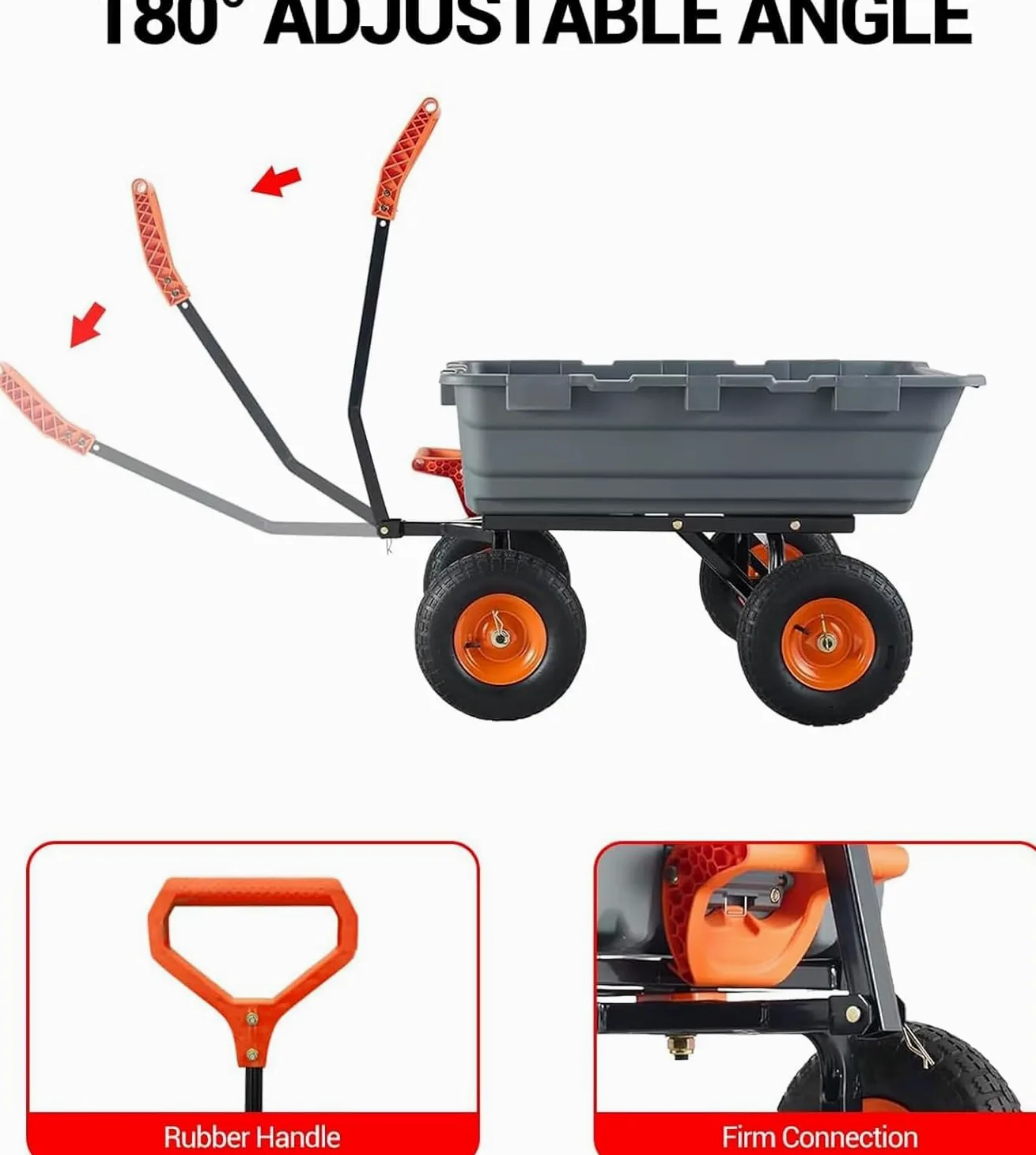 Brouette de jardin de 800 lbs avec fonction basculante, 4 roues avec pneus pneumatiques de 10", bac en polypropylène, poignée réglable en hauteur, inclinable, pour jardin, cour, transport, bois, terre