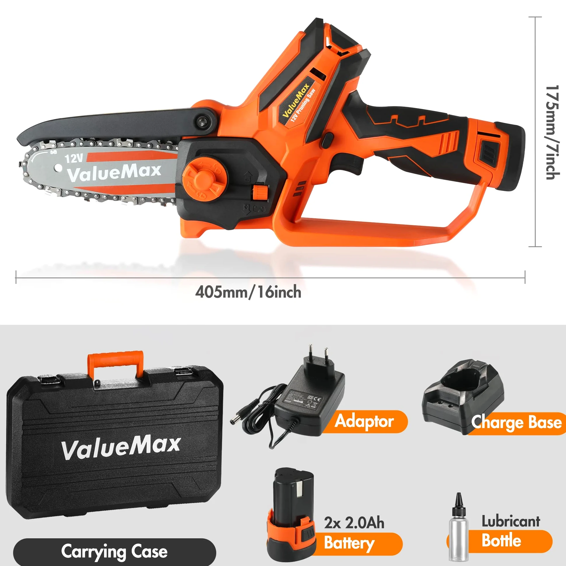 ValueMax Mini Tronconneuse a Batterie 4 Pouces | 12V Tronçonneuse Électrique Sans Fil Portable et 2 * 2000mAh Batteries pour les Branches d'arbres, l'élagage le Jardin