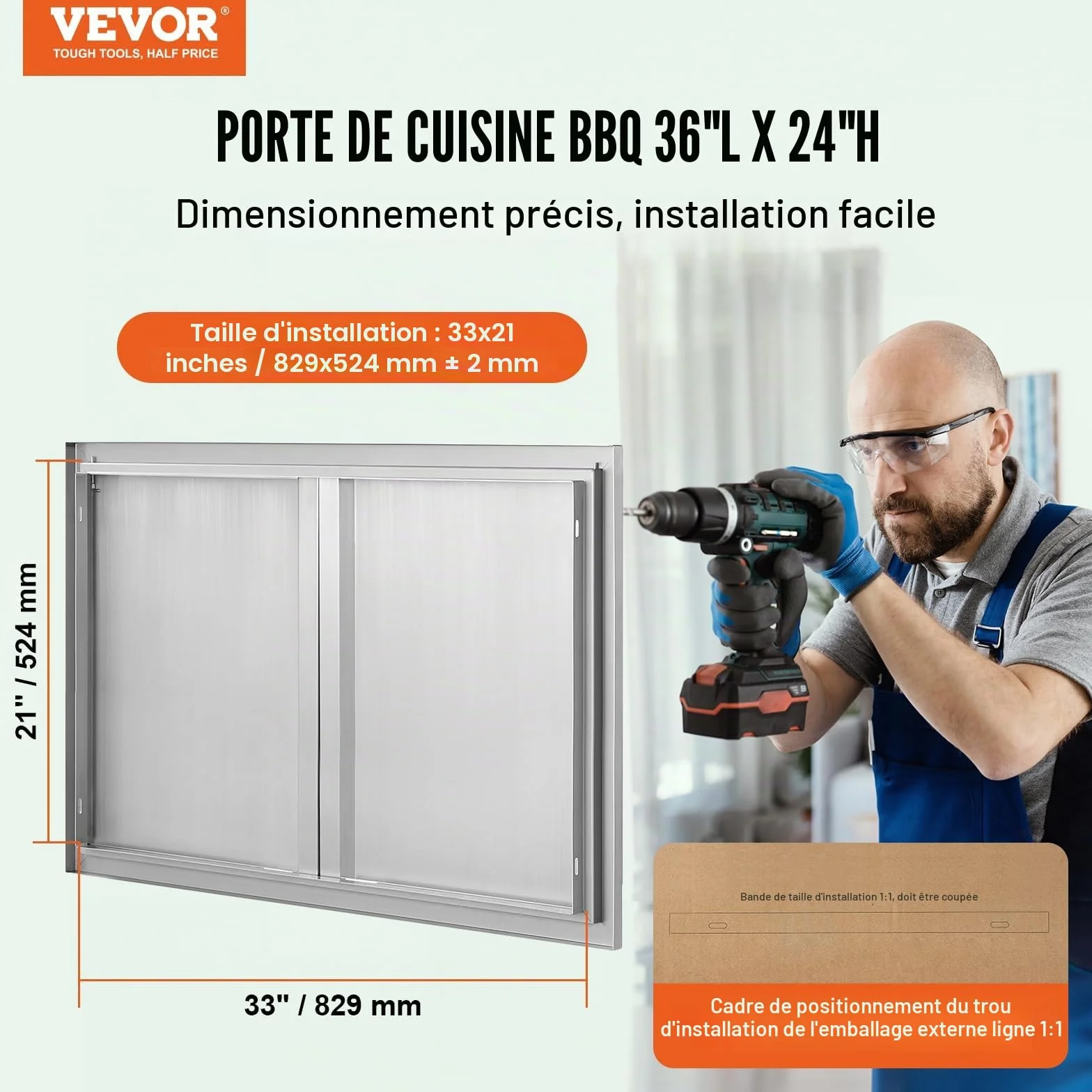 VEVOR Porte d'Accès pour Barbecue Double 914x610x45 mm Inox Poignée Encastrée